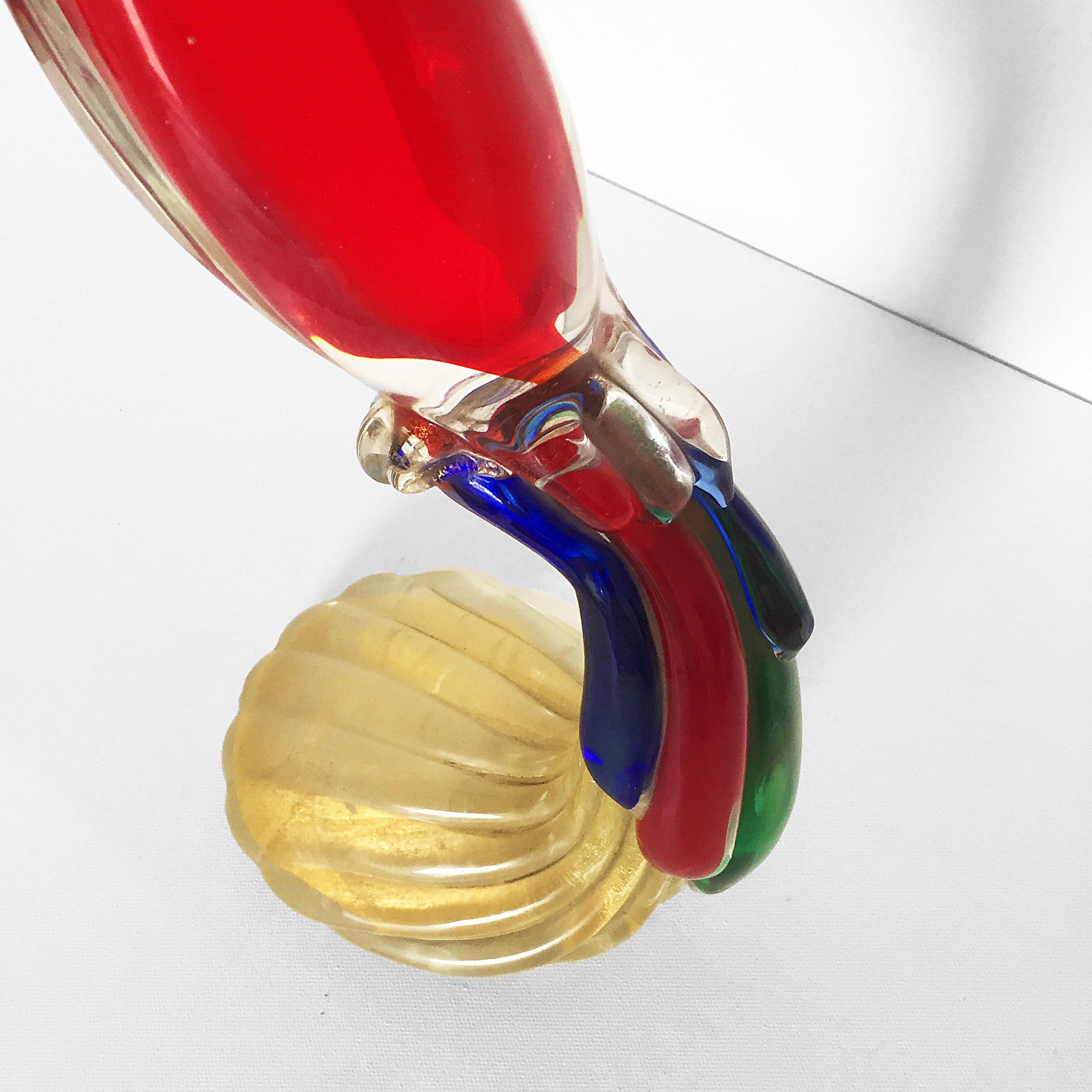 Late 20th Century Large Gambaro & Poggi Murano Glass Parrot in Red, Blue, Green and Gold Flakes For Sale