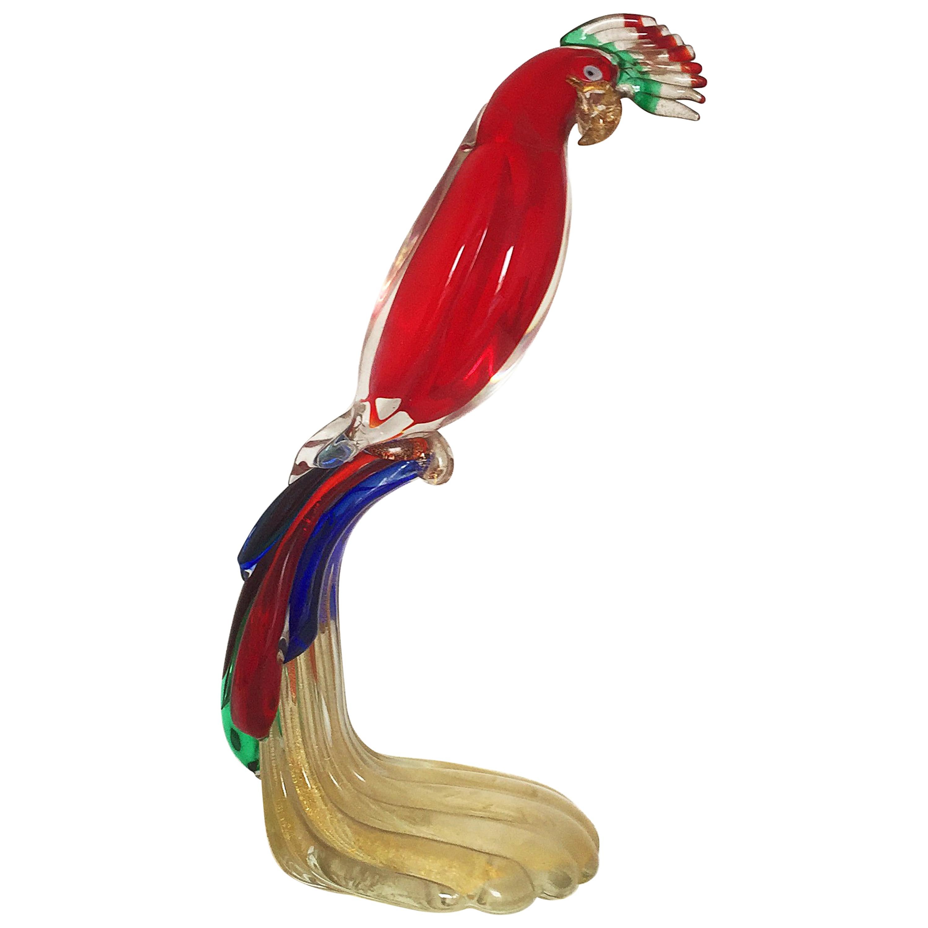 Large Gambaro & Poggi Murano Glass Parrot in Red, Blue, Green and Gold Flakes For Sale