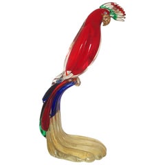 Grand perroquet Gambaro & Poggi en verre de Murano avec des éclats rouges, bleus, verts et or