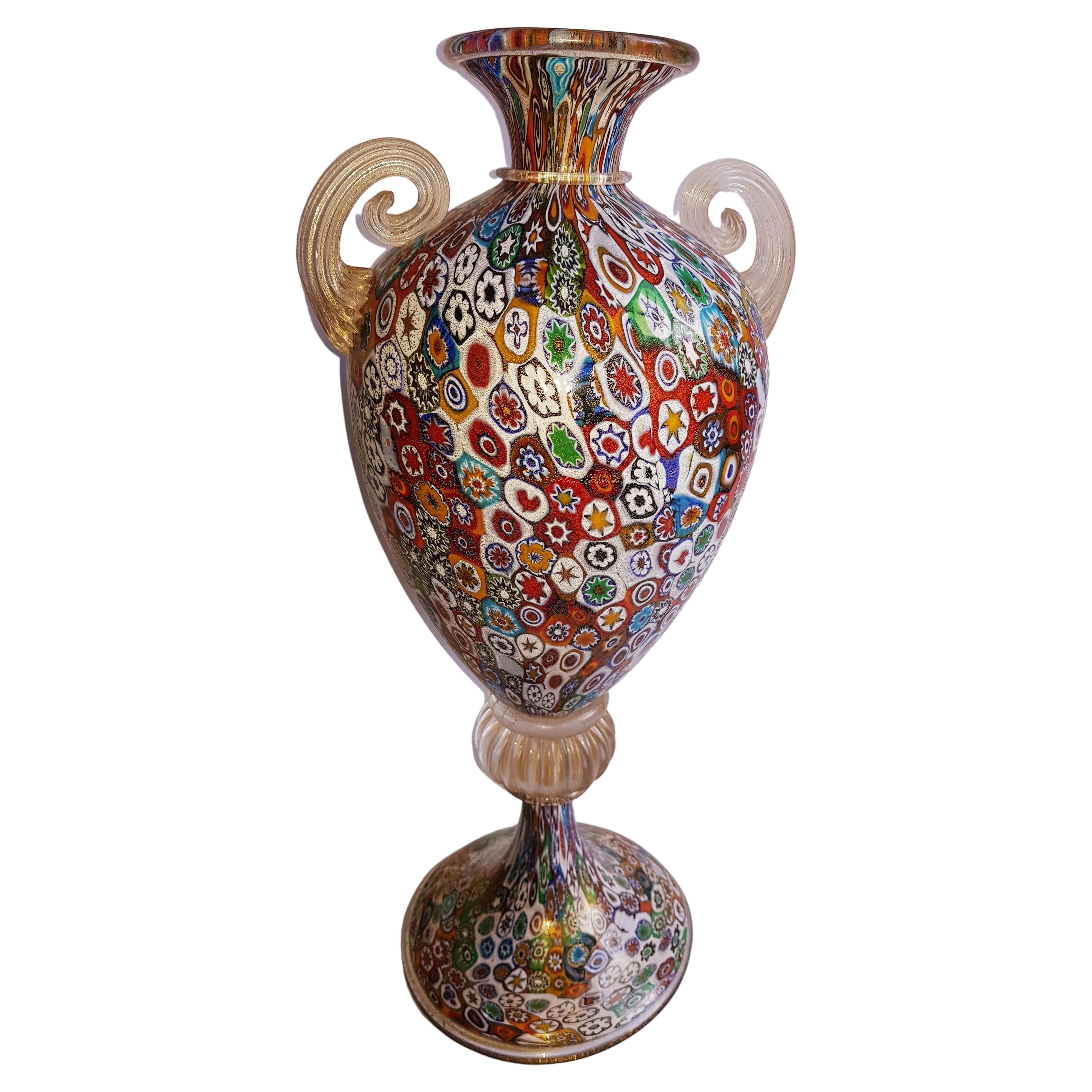 Gambaro&Poggi large murano glass sofiato vase with gold leaf   For Sale