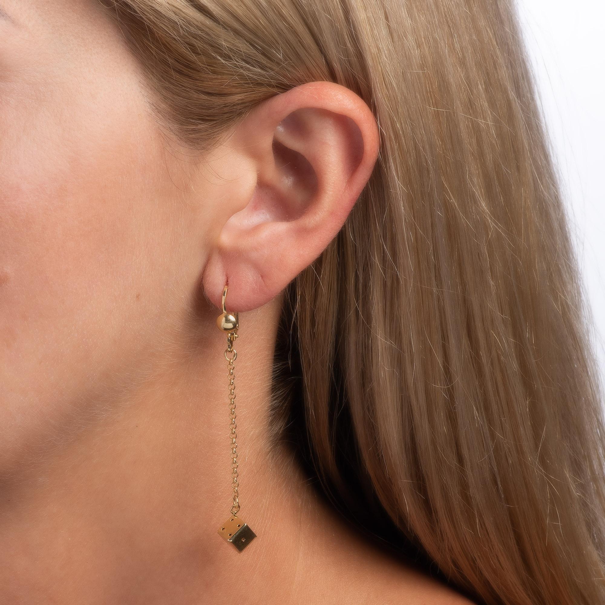 Modern Gambling Dice Earrings Vintage 12k Yellow Gold Long Drops Estate Jewelry For Sale