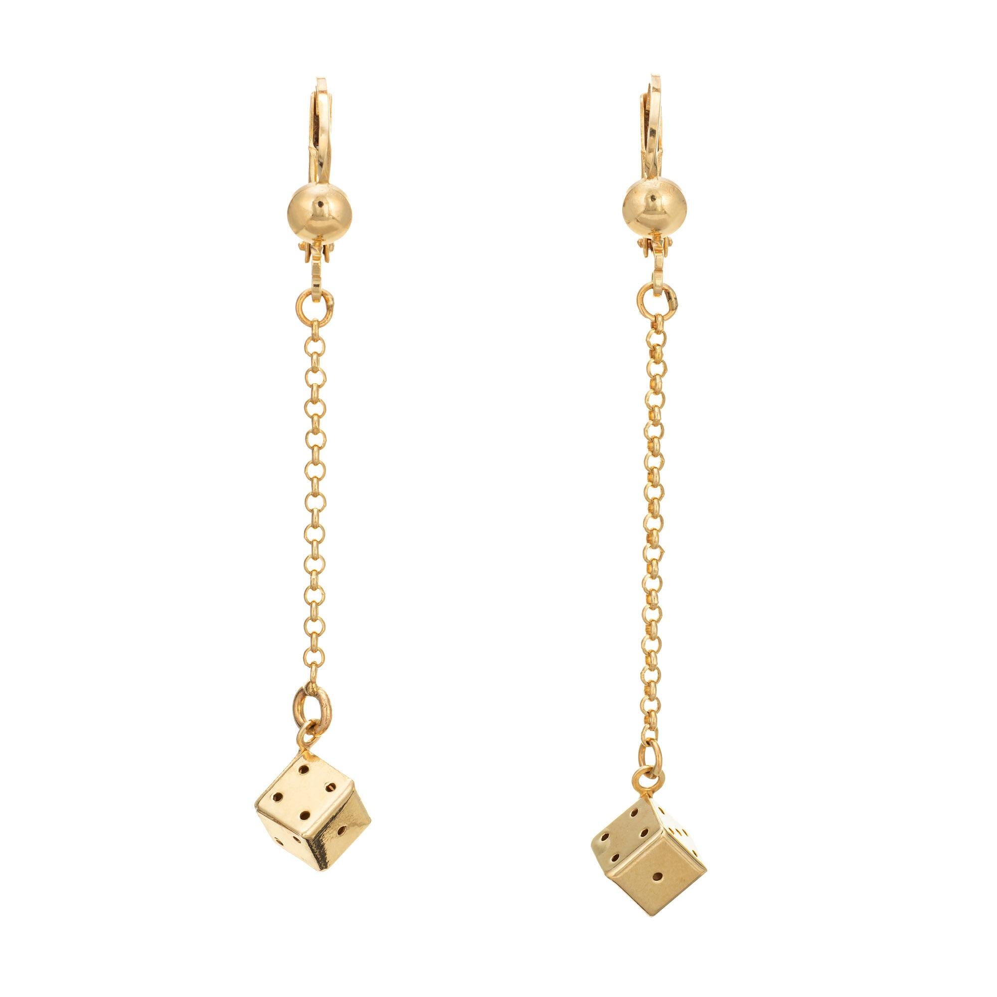 Gambling Dice Earrings Vintage 12k Yellow Gold Long Drops Estate Jewelry In Good Condition In Torrance, CA