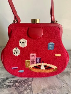 Gambling Theme Diminutive Red Needlepoint and Leather Handbag
