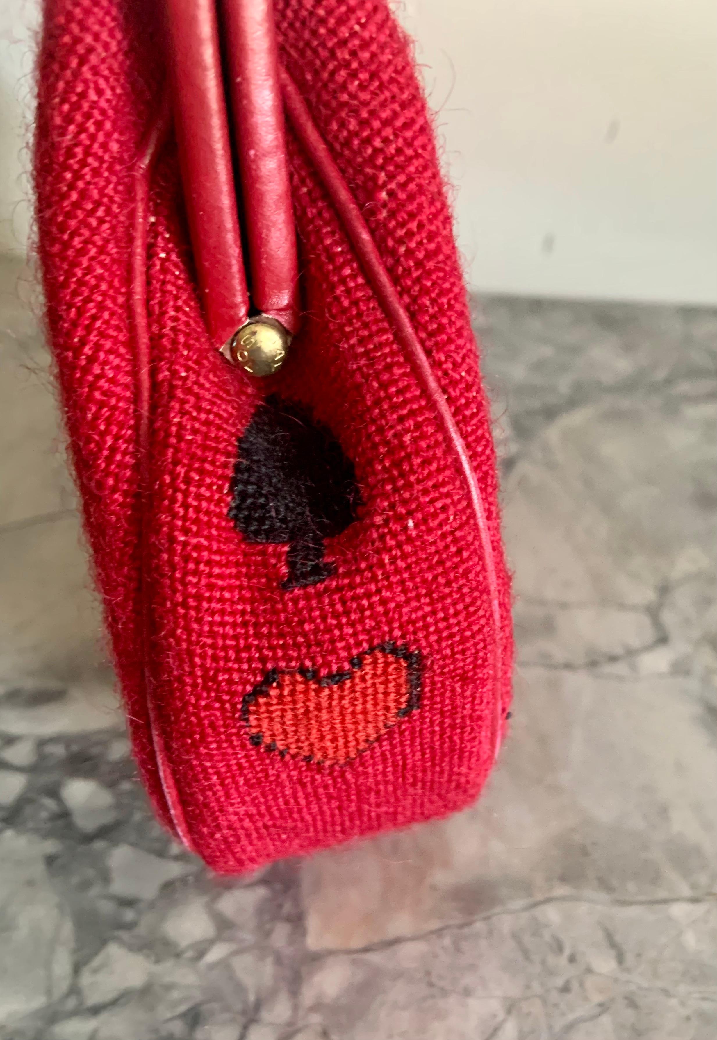 Gambling Theme Diminutive Red Needlepoint and Leather Handbag In Excellent Condition In New Hope, PA
