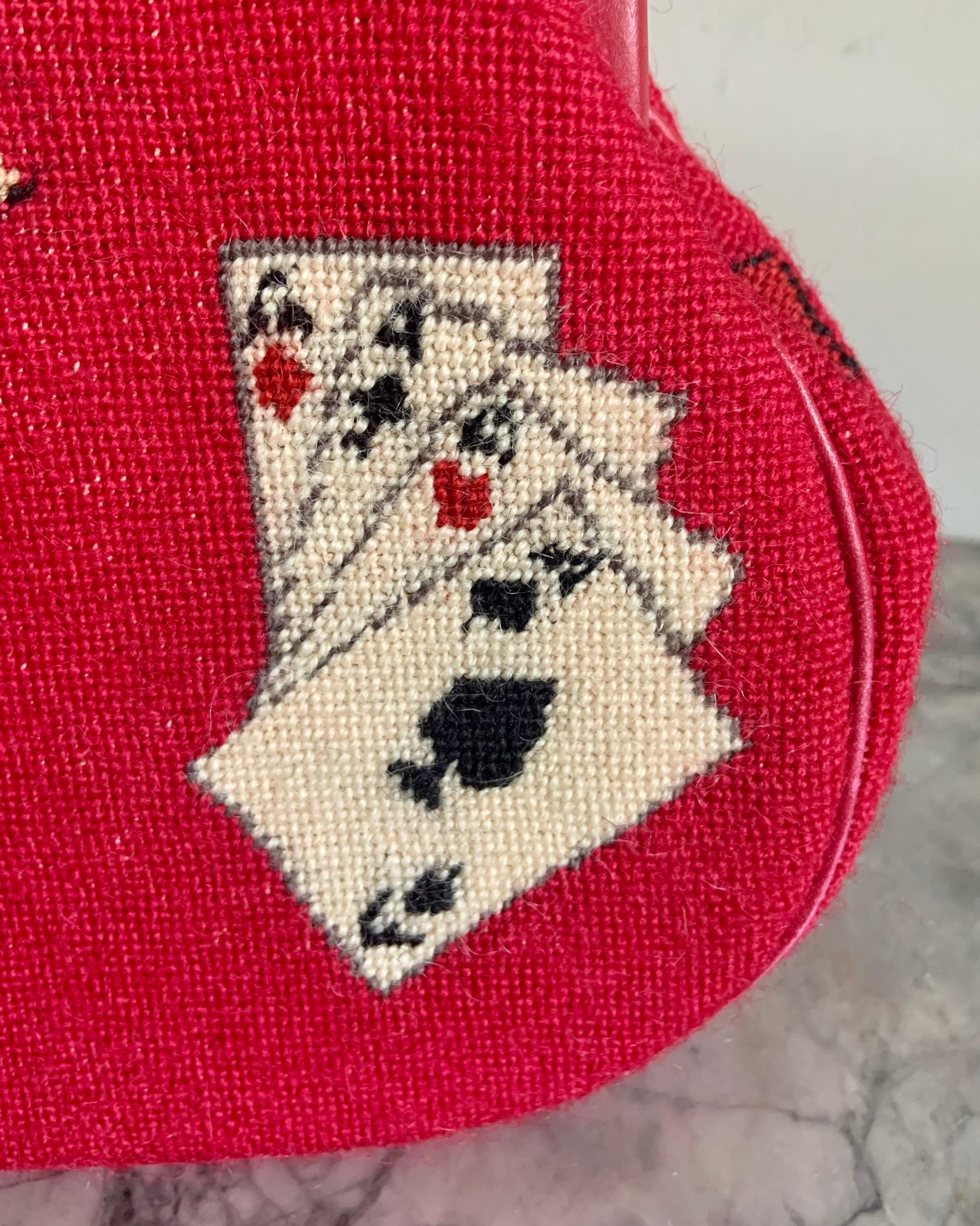 Gambling Theme Diminutive Red Needlepoint and Leather Handbag 1