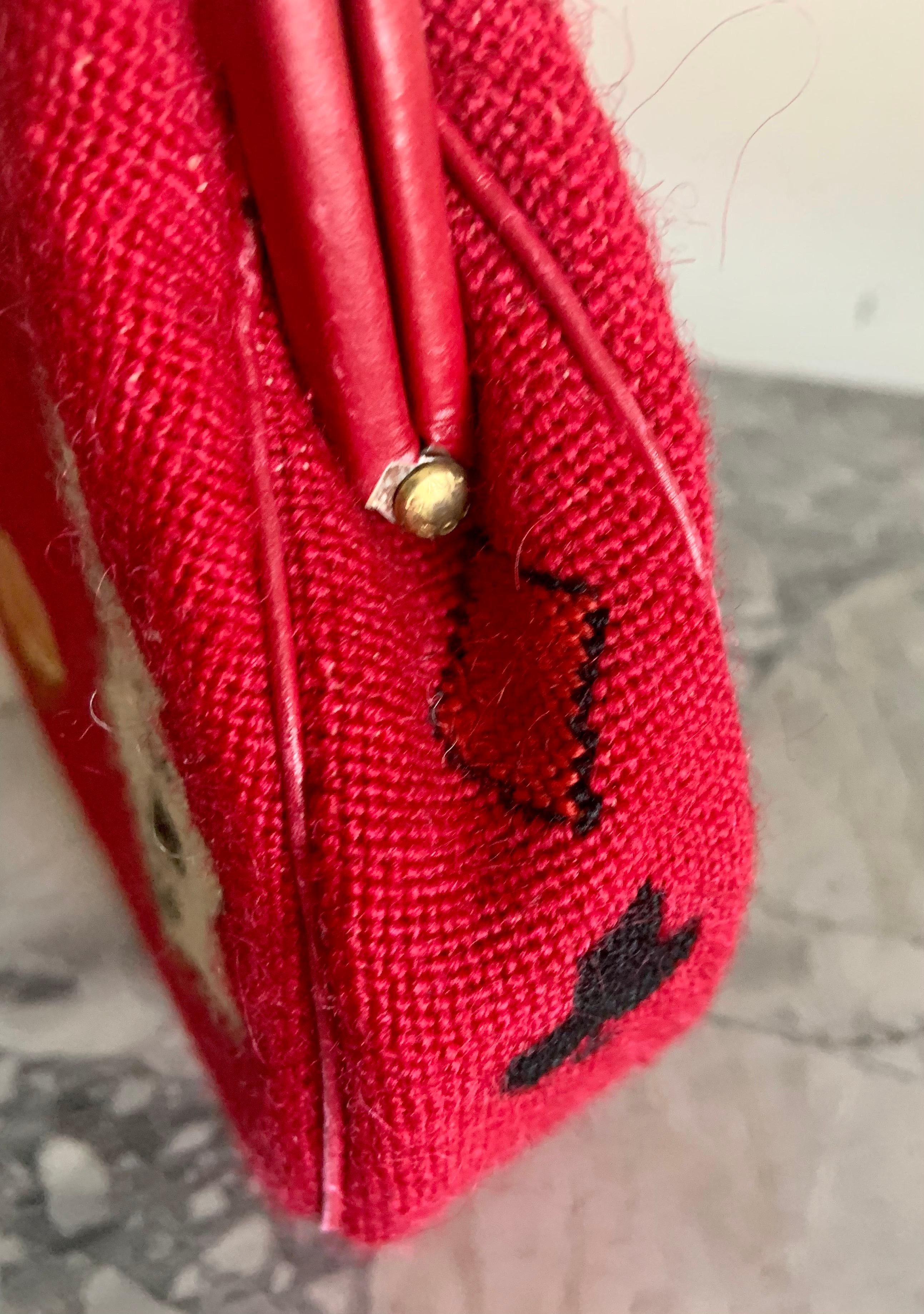 Gambling Theme Diminutive Red Needlepoint and Leather Handbag 3