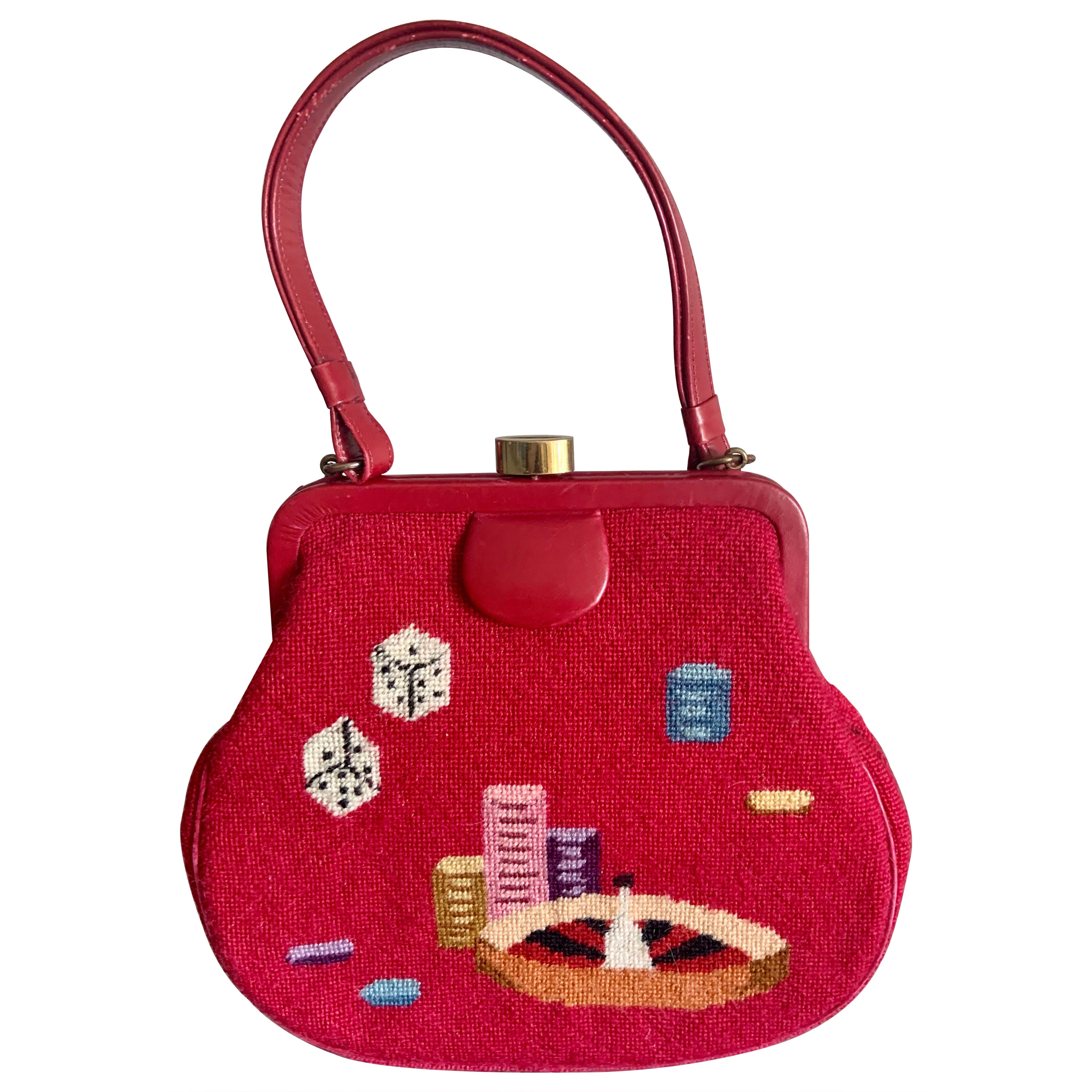 Gambling Theme Diminutive Red Needlepoint and Leather Handbag