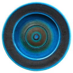 Ciotola Bruno Gambone, ceramica, occhio di bue, strisce blu, firmata