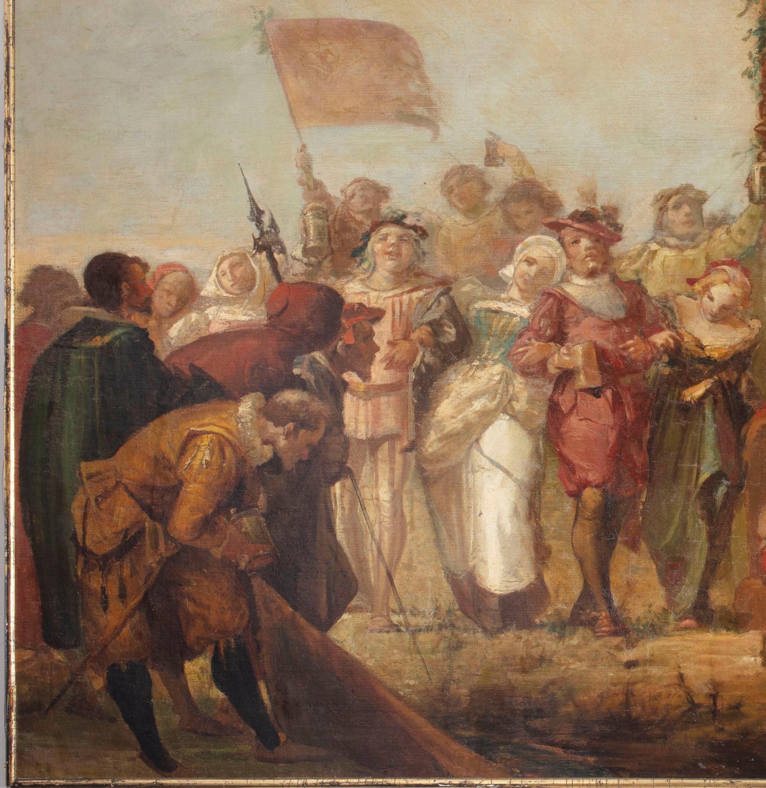 Gambrinus, allegoria della birra, grande dipinto ad olio su tela, fine XIX secolo, non firmato, misure 140x245 cm.
Gambrinus è raffigurato come un re ed è passato alla leggenda come colui che aggiunse il luppolo alla tradizionale ricetta della