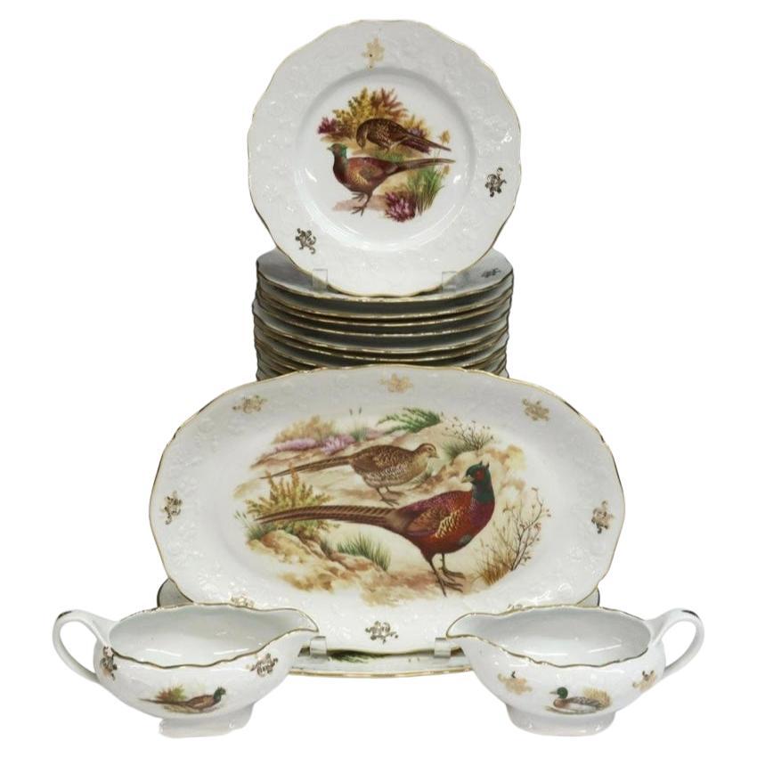 Game Bird Porcelain Service 24 Plates, 2 Platters, 2 Sauce Boats, French C.1920