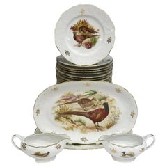 Game Bird Porcelain Service 24 Plates, 2 Platters, 2 Sauce Boats, French C.1920