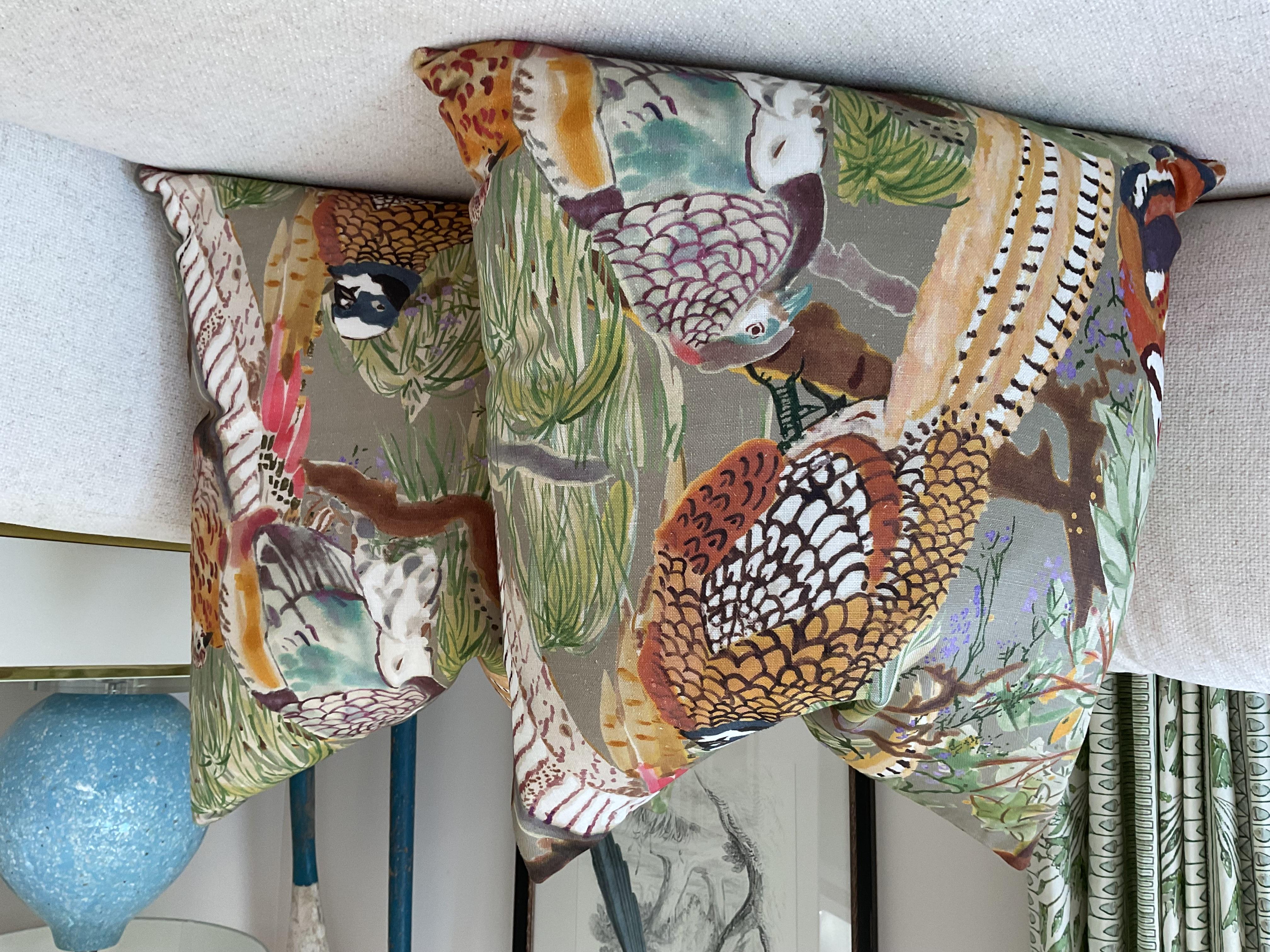 Beautiful pair of complete covers with down inserts done in Mulberry linen fabric by Lee Jofa. This fabric depicts glorious game birds in rich swirling shades of cinnamon brown and tan, punctuated with greens, aqua, pink and yellow. Backing will be