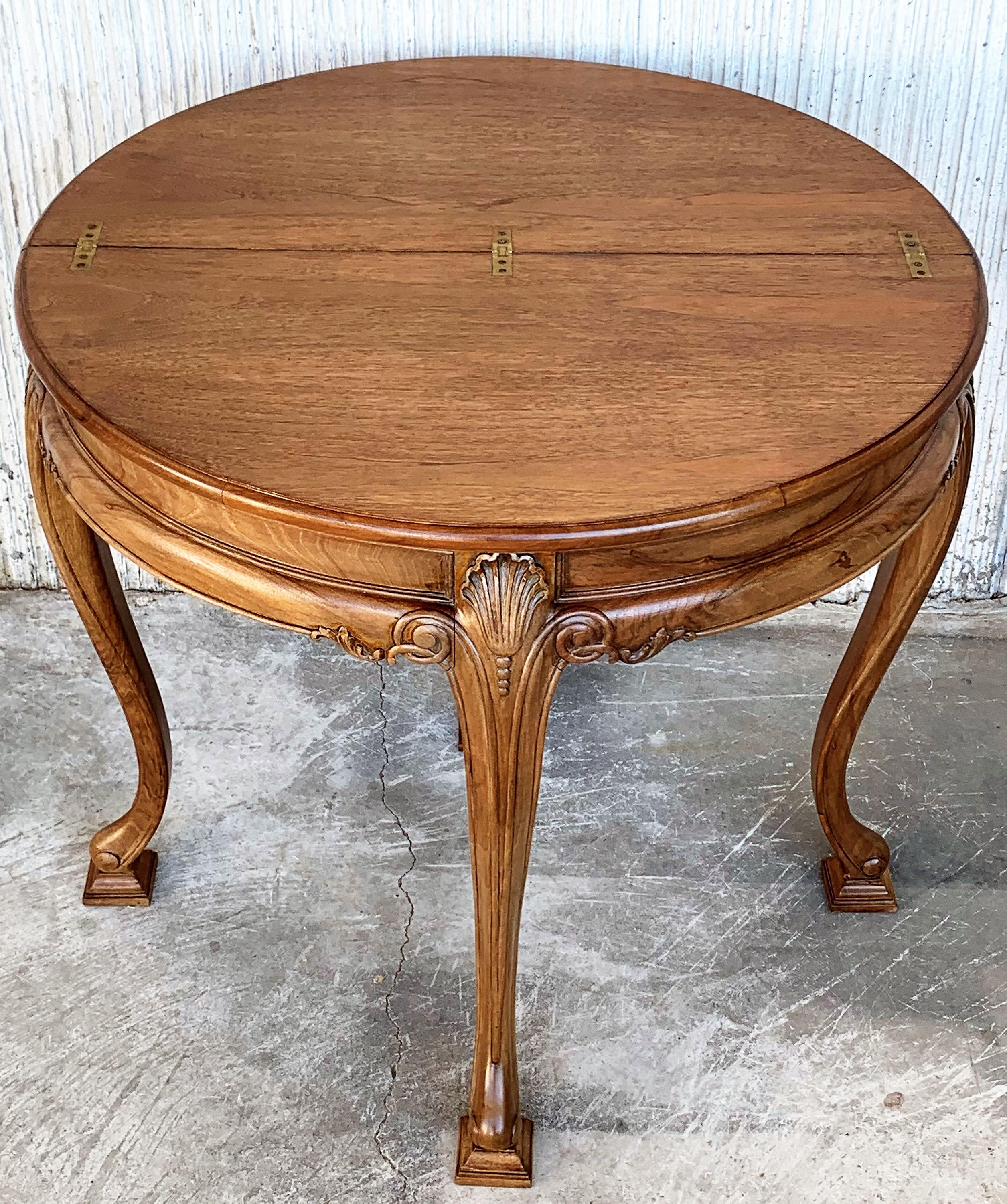 20th century game card demilune fold over side table or tea table with hidden drawer in style of George II.
 