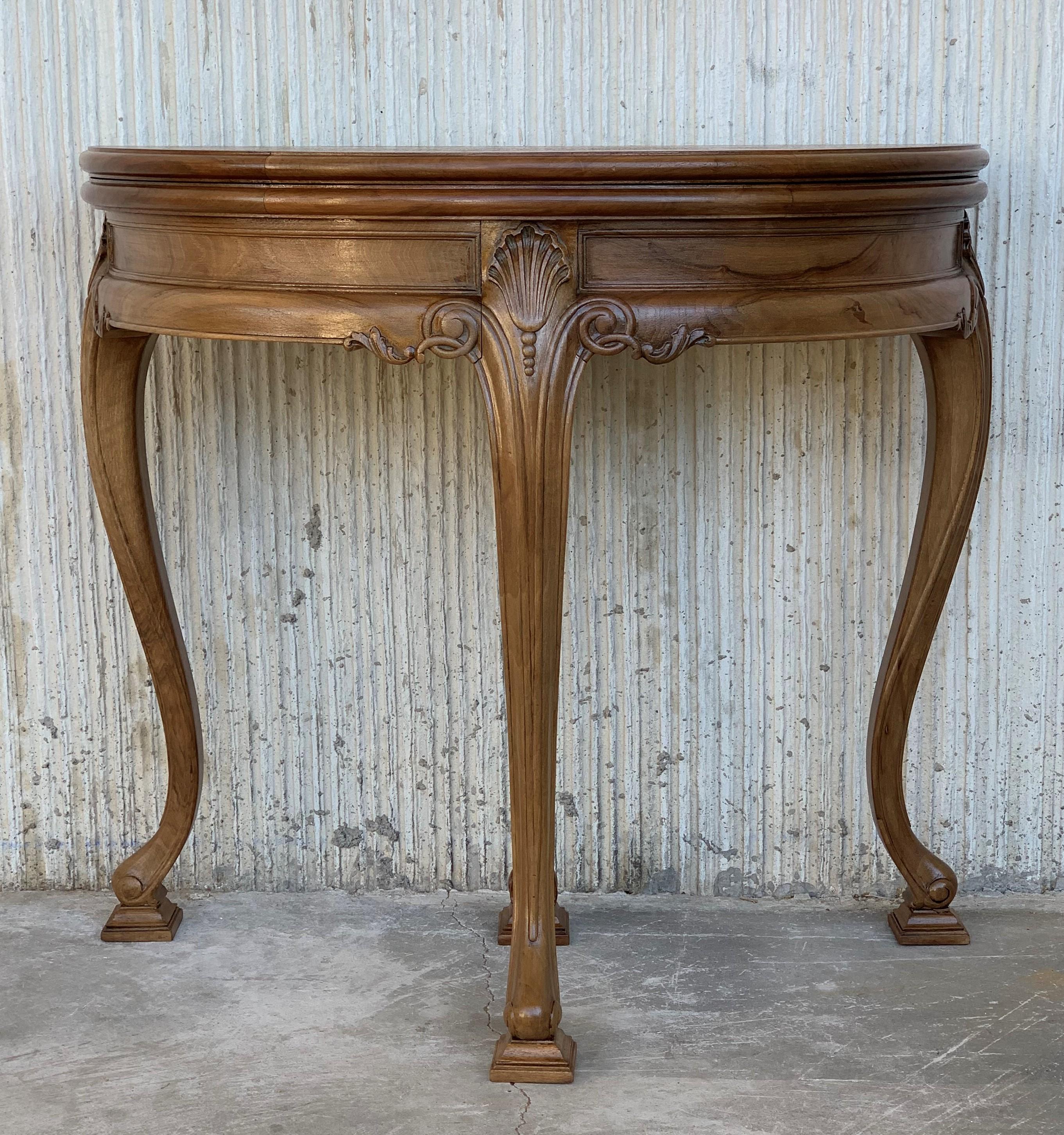 English Game Card Demilune Fold over Side Table or Tea Table with Hidden Drawer