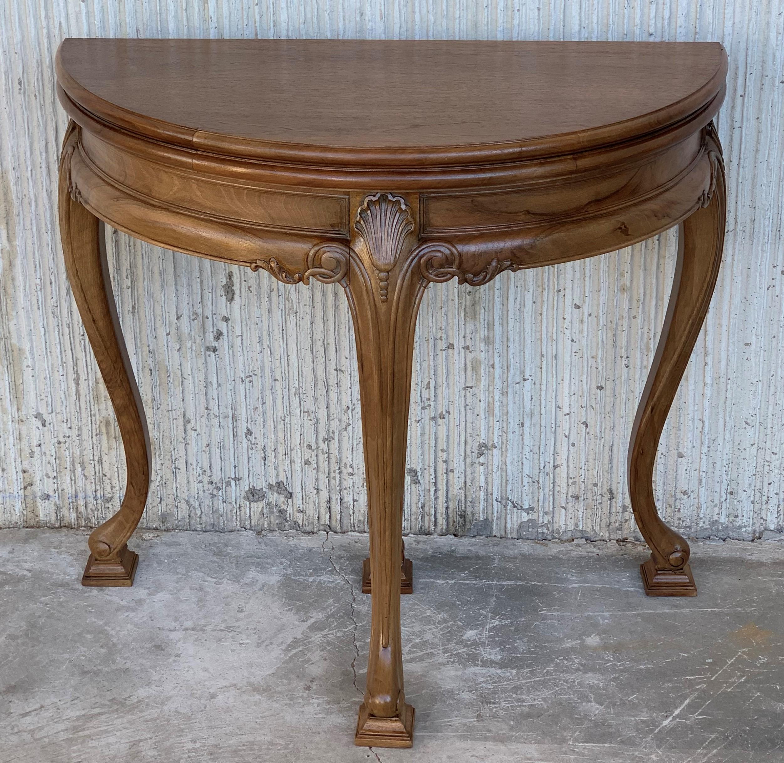Carved Game Card Demilune Fold over Side Table or Tea Table with Hidden Drawer