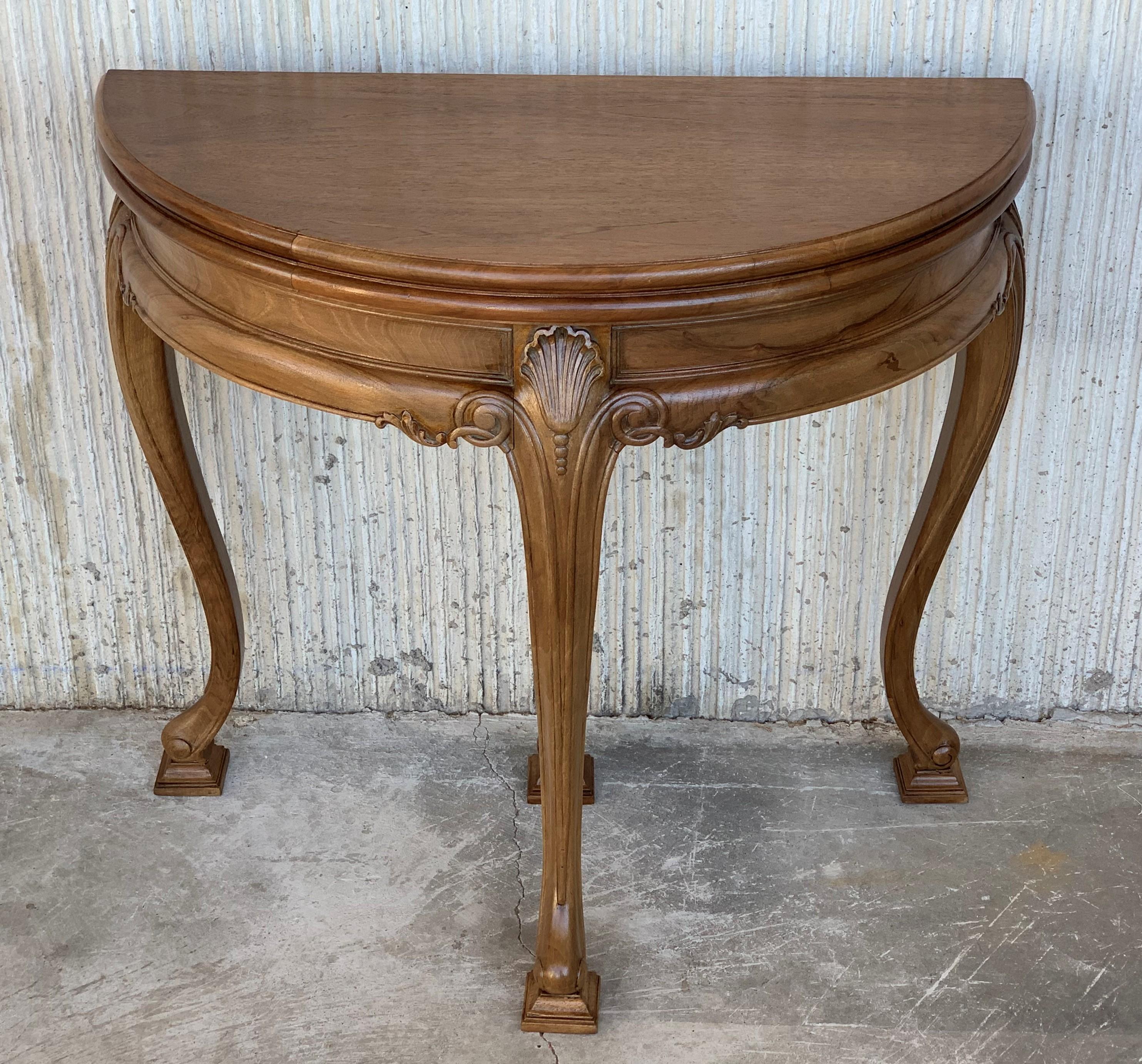20th Century Game Card Demilune Fold over Side Table or Tea Table with Hidden Drawer
