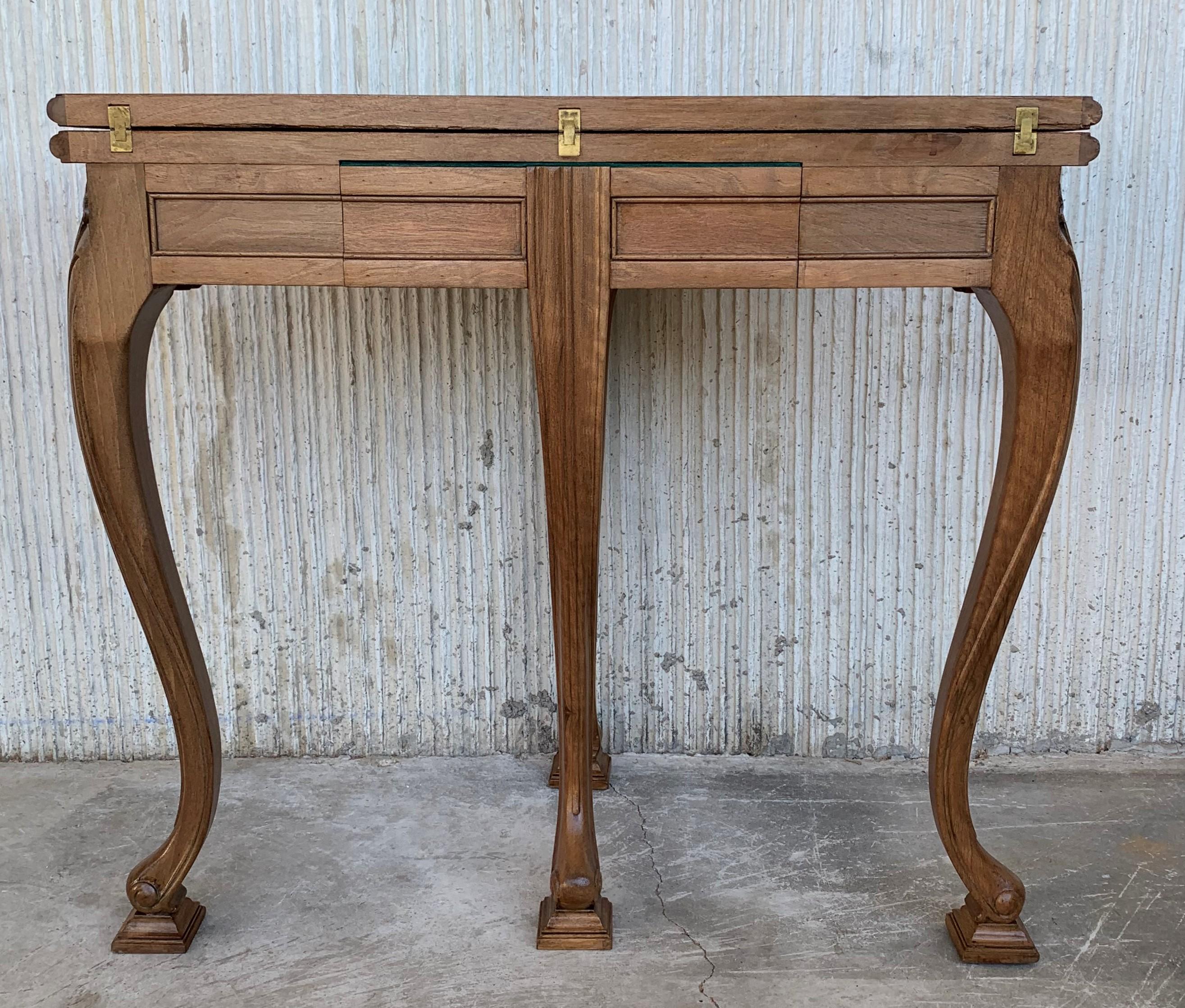 Walnut Game Card Demilune Fold over Side Table or Tea Table with Hidden Drawer