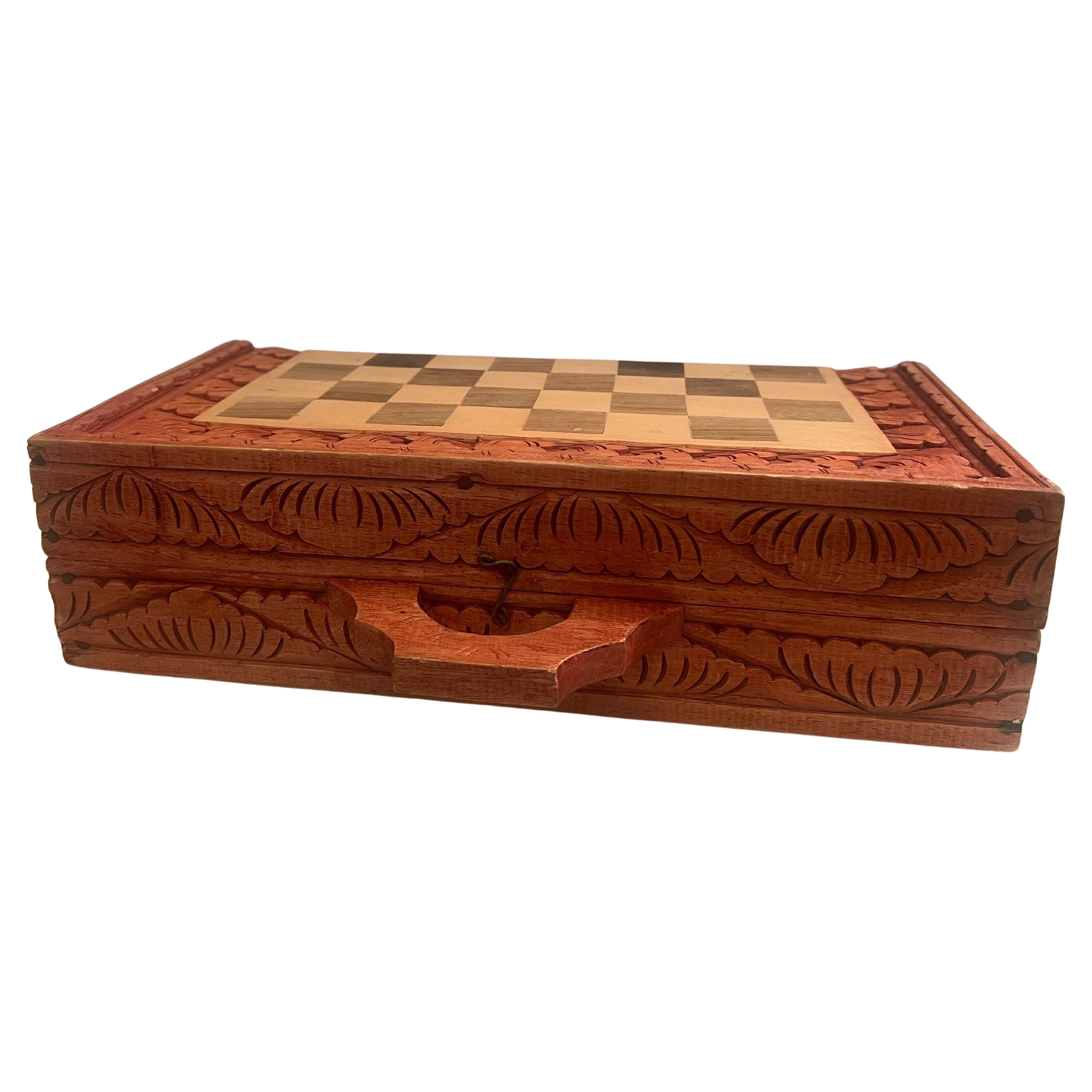 Nice unique hand carved wood chess / backgammon set portable complete .