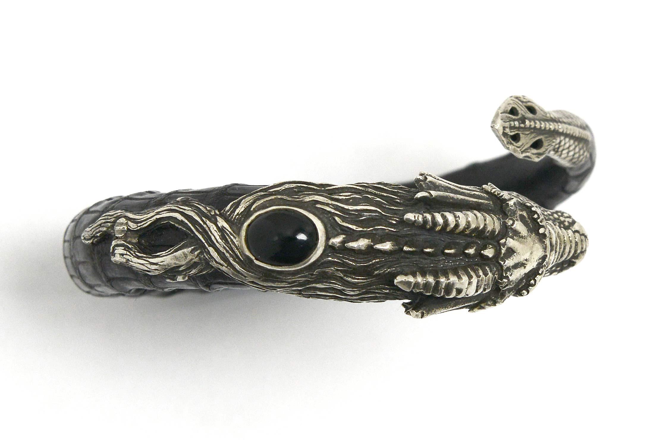 Gothic Revival Game of Thrones Dragon Bracelet Ostrich Leather Sterling Silver Arm Cuff Bangle