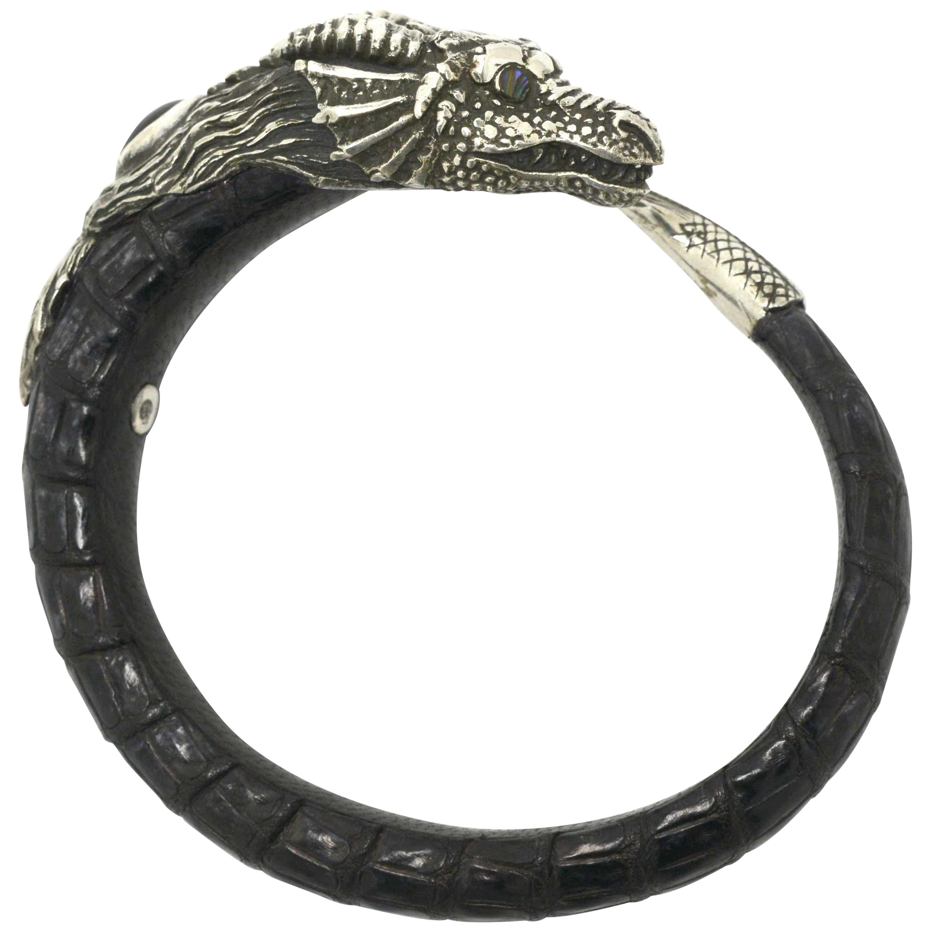 Game of Thrones Dragon Bracelet Ostrich Leather Sterling Silver Arm Cuff Bangle