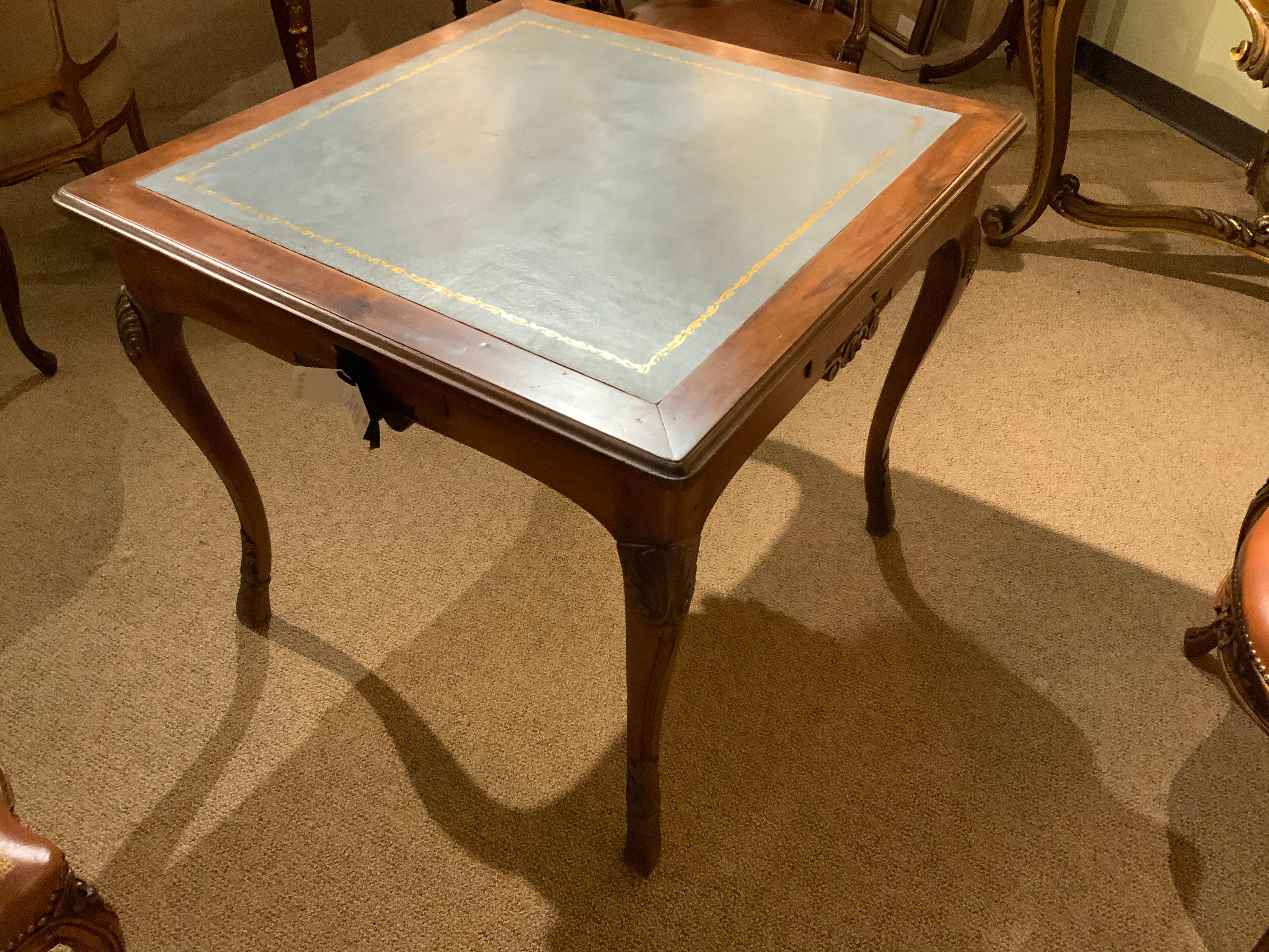French Game Table in Walnut with Teal Leather Top, Louis XV Style