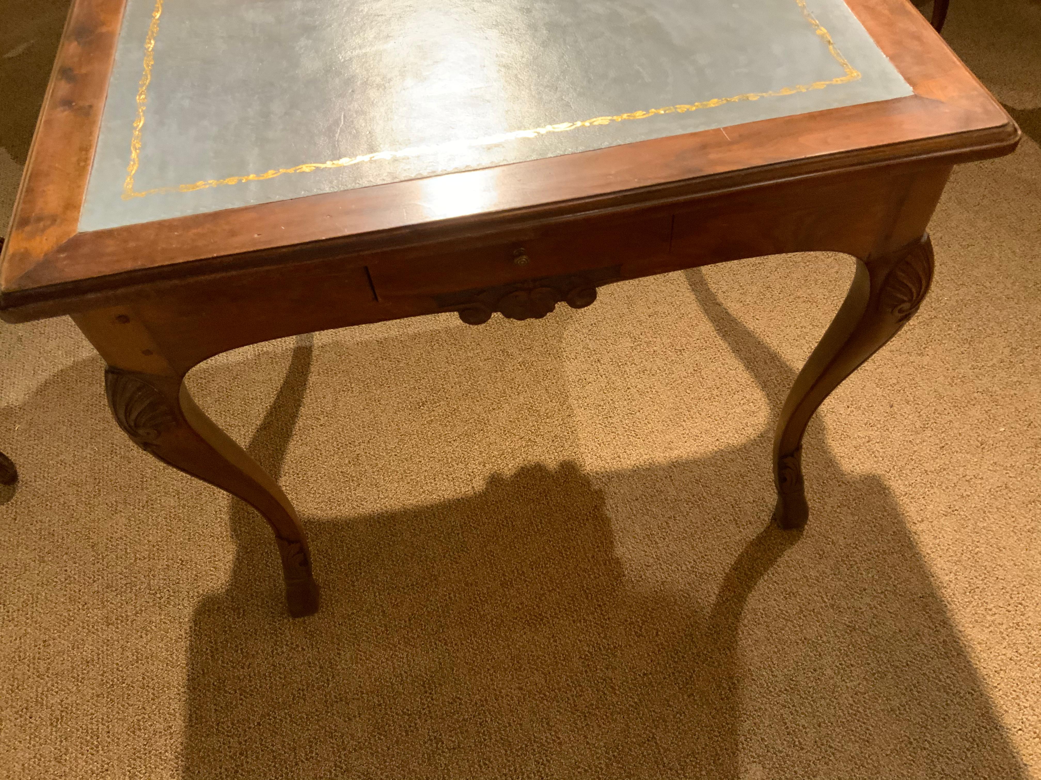 Game Table in Walnut with Teal Leather Top, Louis XV Style In Good Condition In Houston, TX