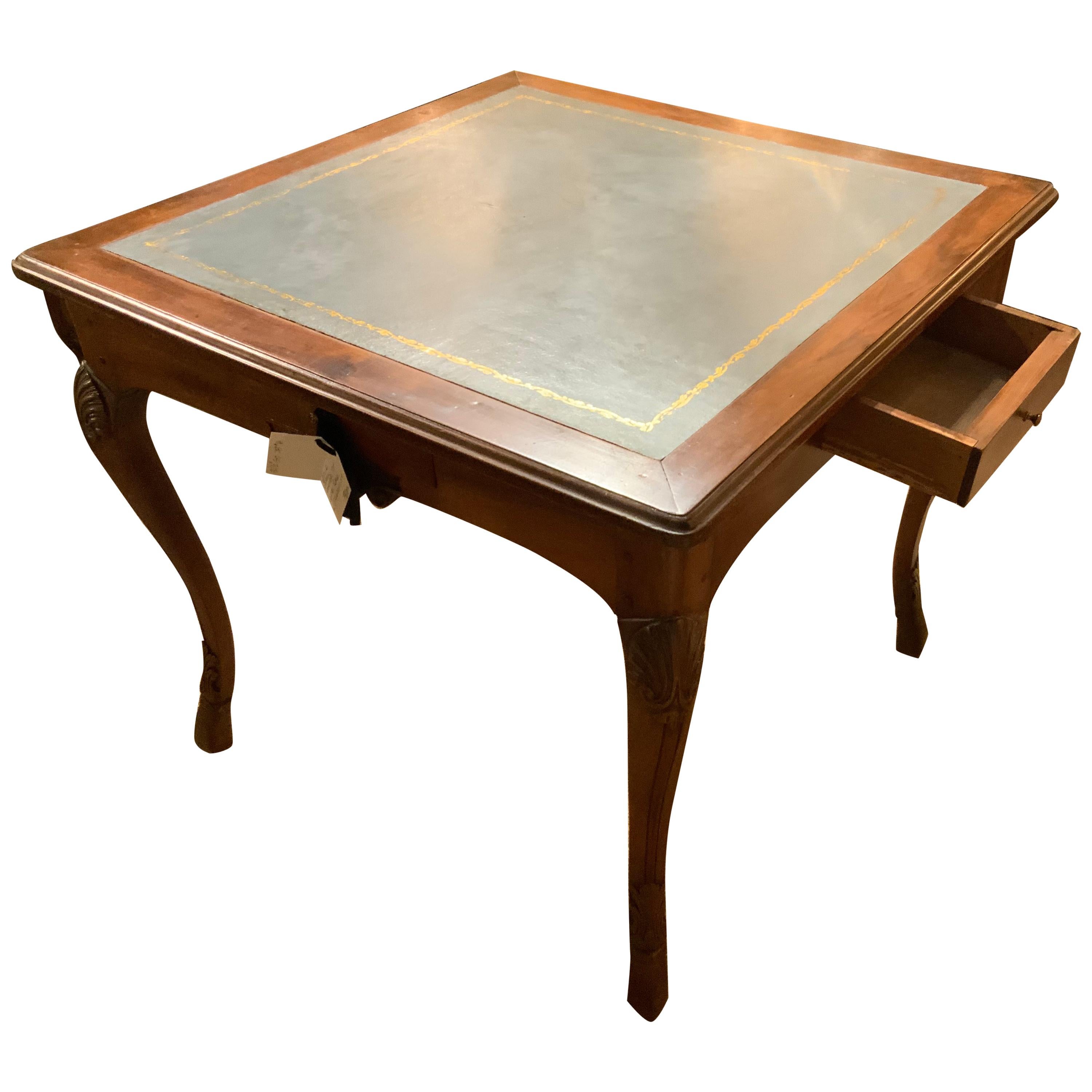 Game Table in Walnut with Teal Leather Top, Louis XV Style