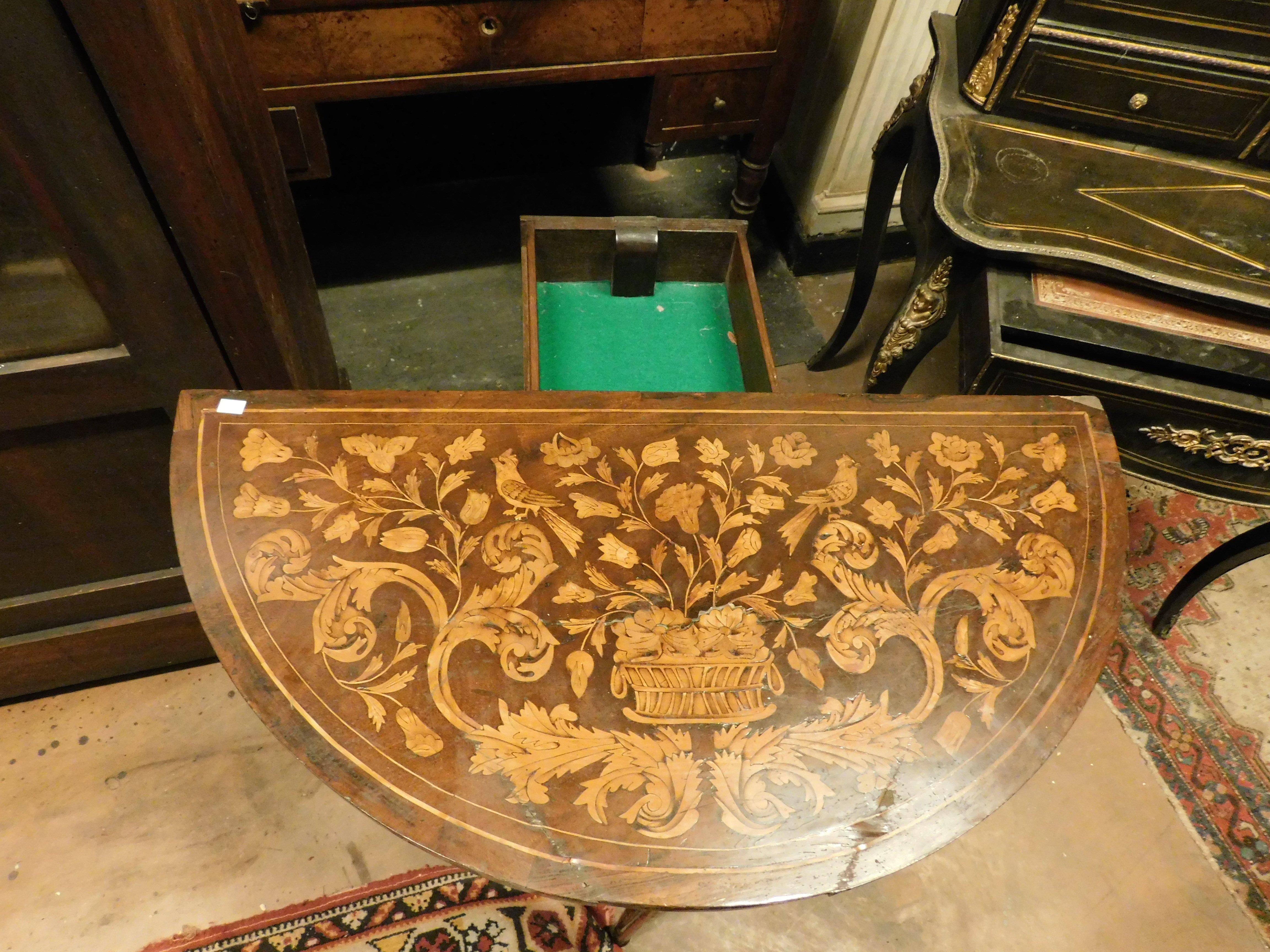 Walnut Game table that opens in the shape of a half moon, Holland