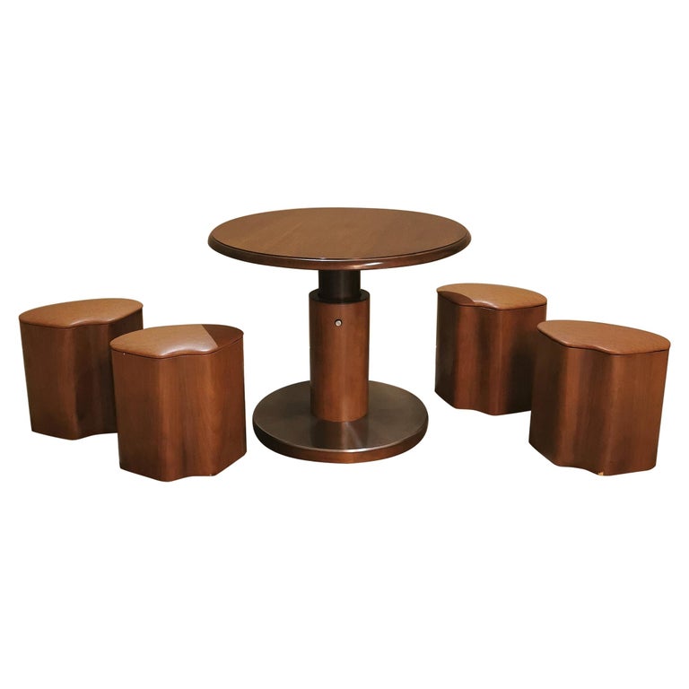 Game Table 4 Stools Veneered Wood Round Brown Mid-Century Italy 1970s ...