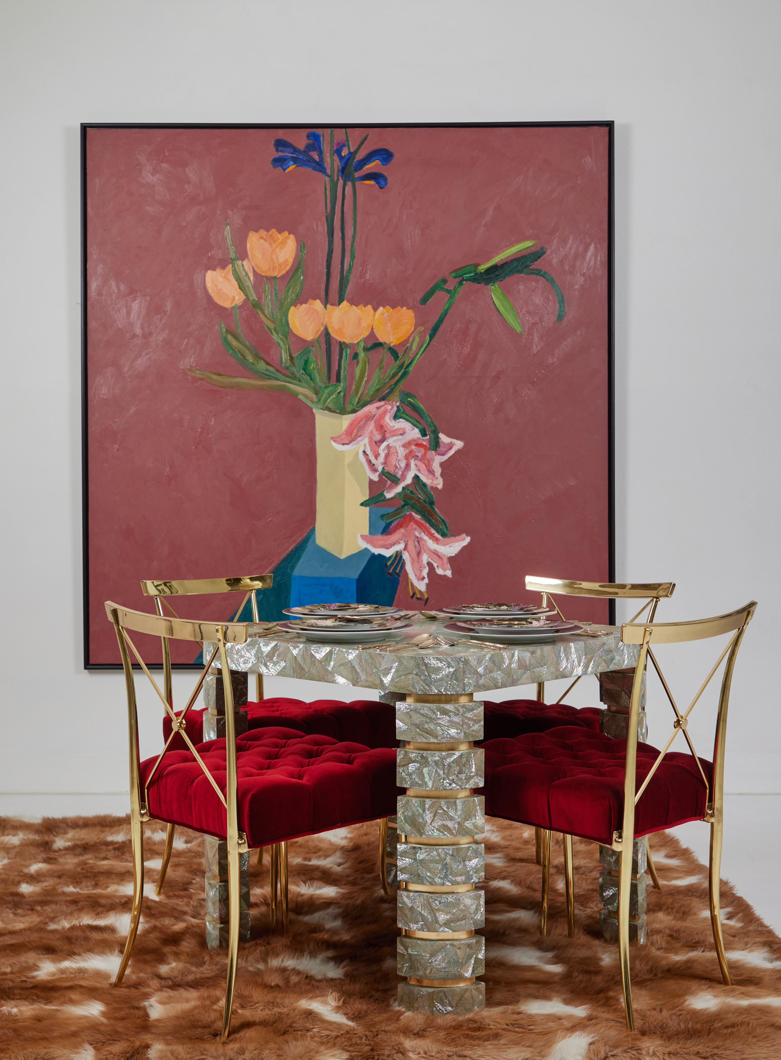 Game Table with Angel Wing Abalone and Brass Inlays Attributed Maitland Smith For Sale 4