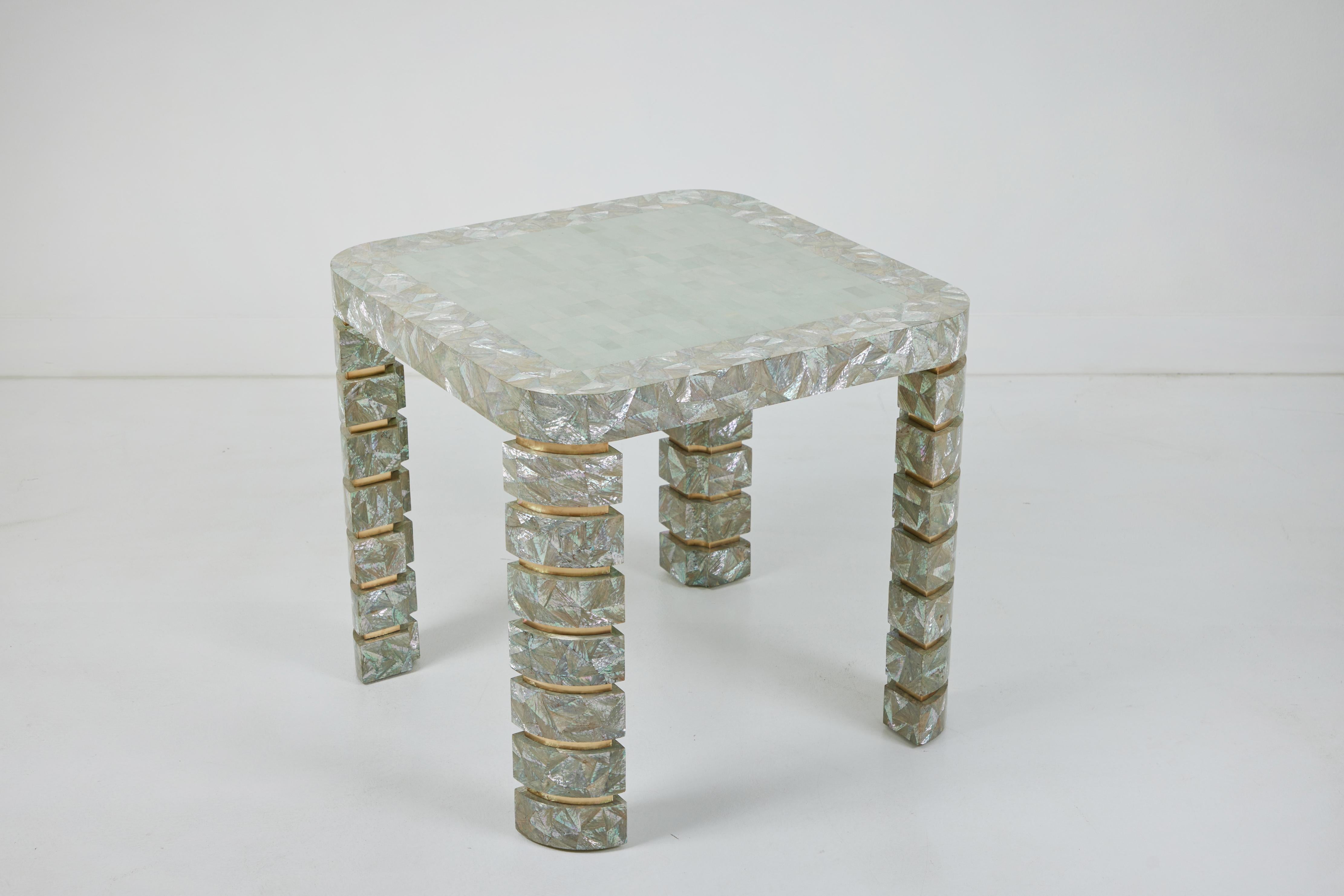 Mid-Century Modern Game Table with Angel Wing Abalone and Brass Inlays Attributed Maitland Smith