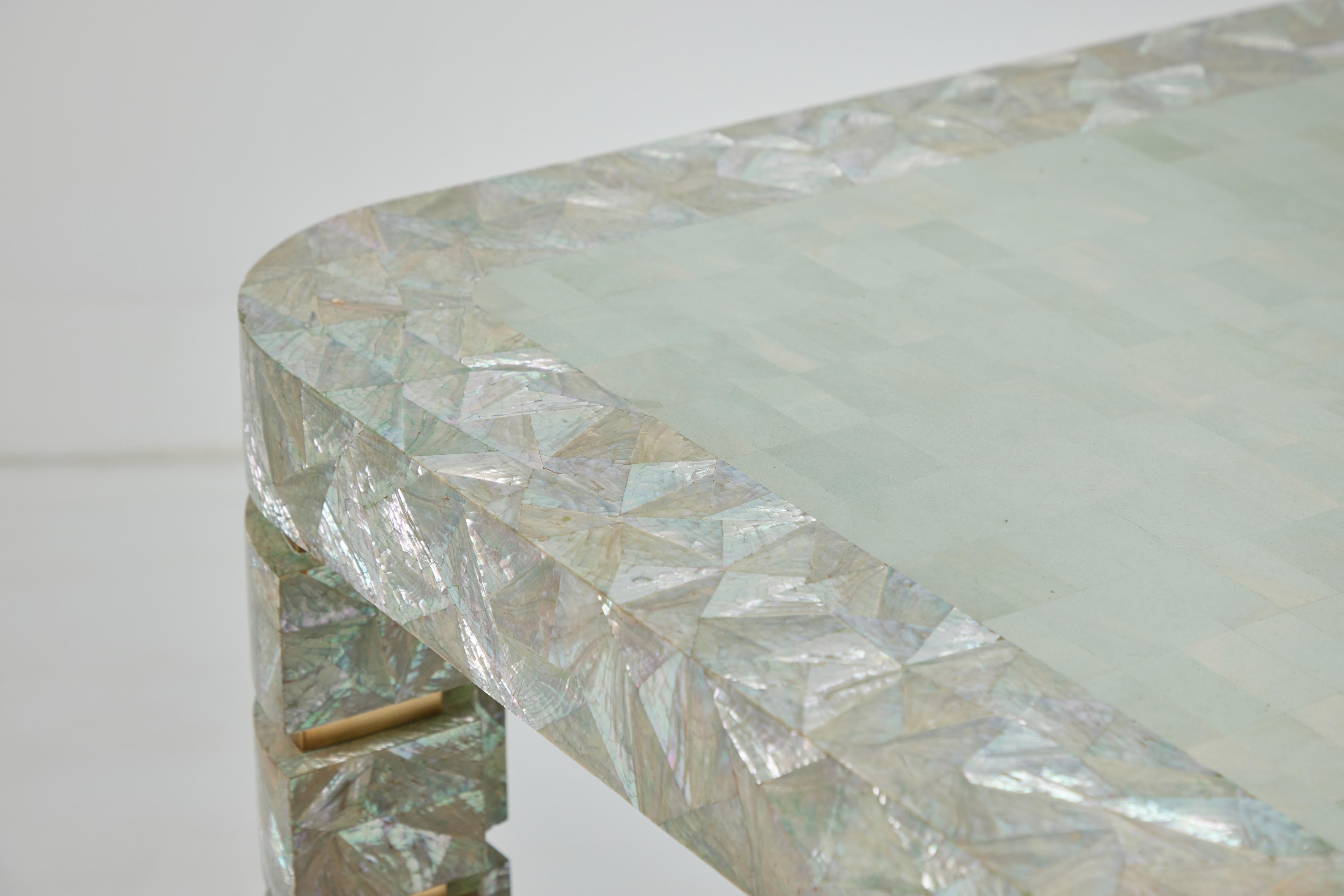 Polished Game Table with Angel Wing Abalone and Brass Inlays Attributed Maitland Smith