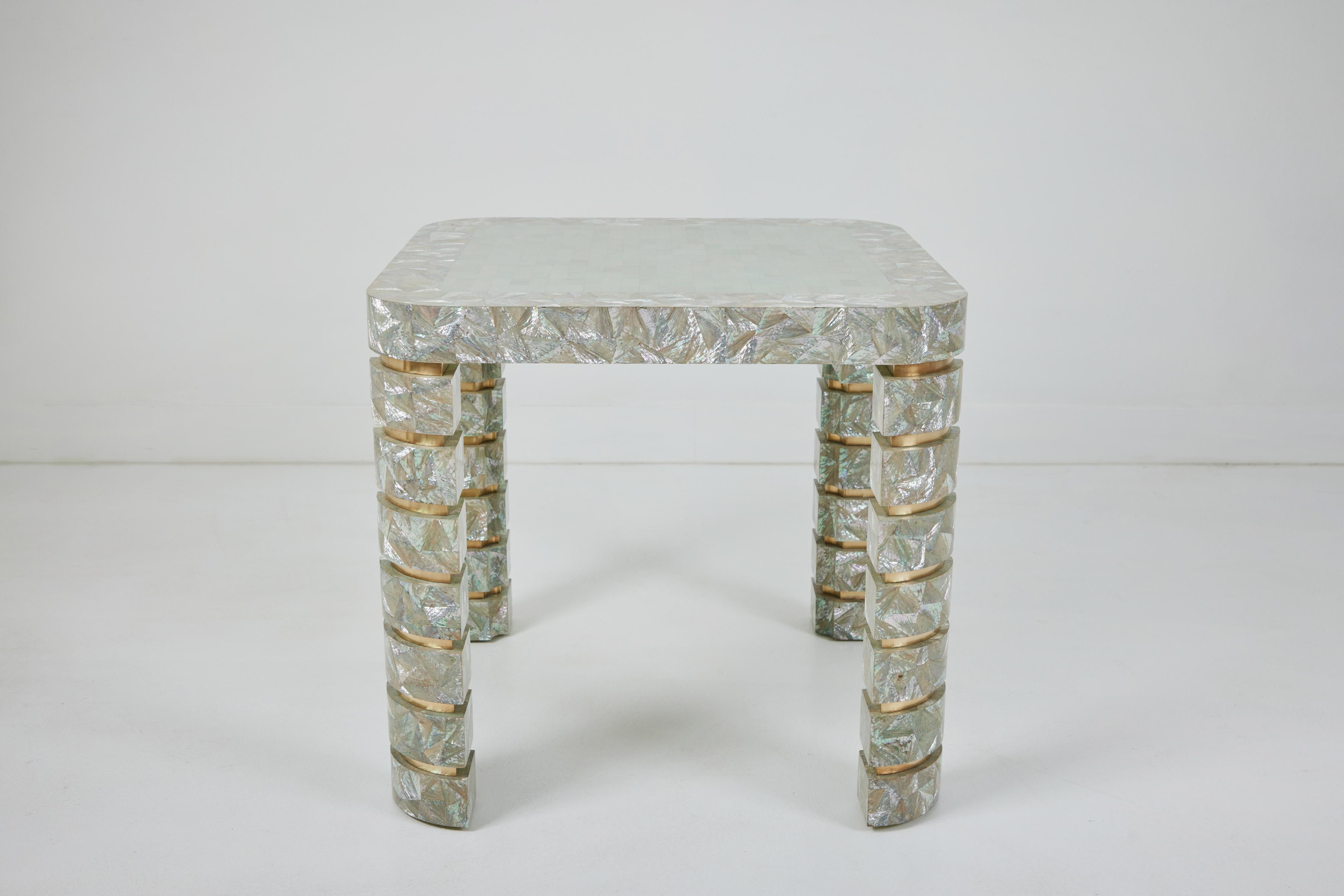 Game Table with Angel Wing Abalone and Brass Inlays Attributed Maitland Smith In Good Condition In Palm Desert, CA