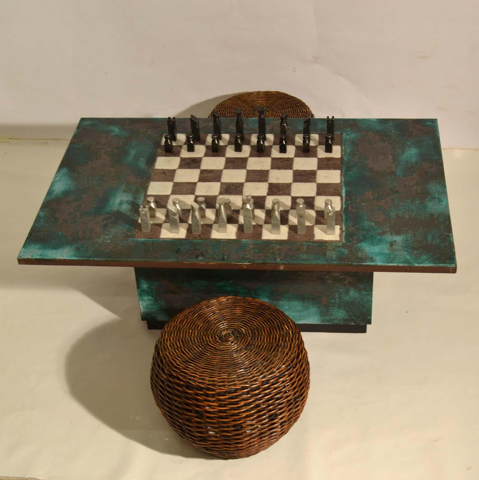 Wood Ceramic Game Table with Chessboard Hand Sculpted 1960s For Sale