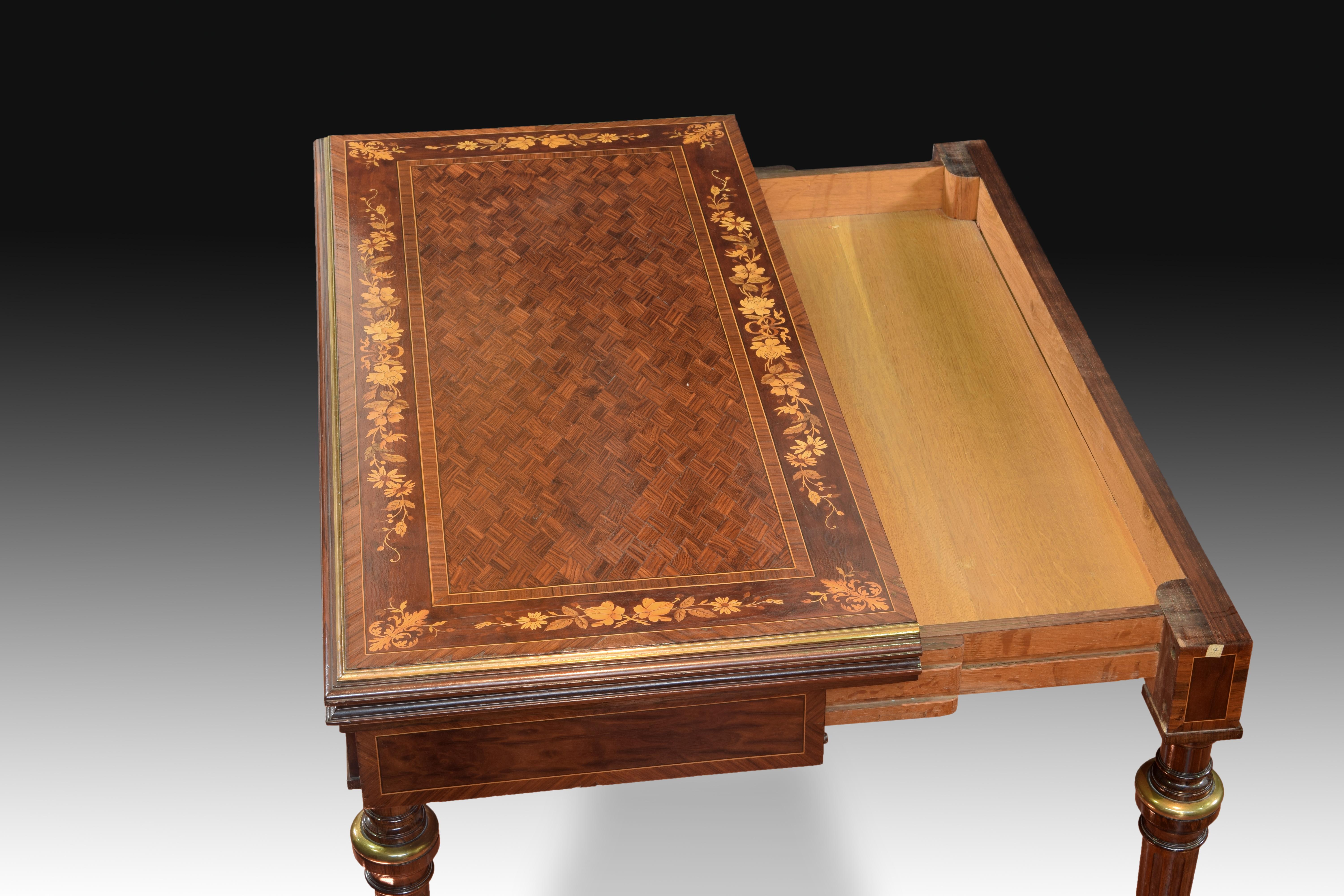 Bronze Game Table with Marquetry, 19th Century
