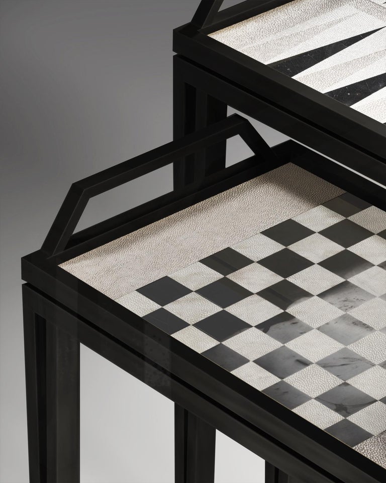 French Game Tables in Cream Shagreen, Black Shell and Black Metal by R&Y Augousti For Sale