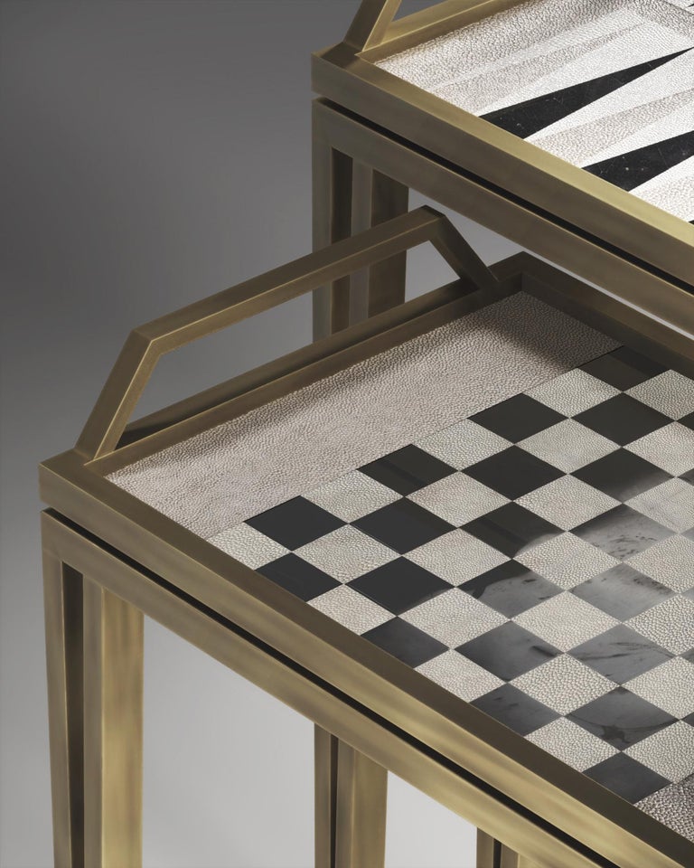 Brass Game Tables in Cream Shagreen, Black Shell and Black Metal by R&Y Augousti For Sale