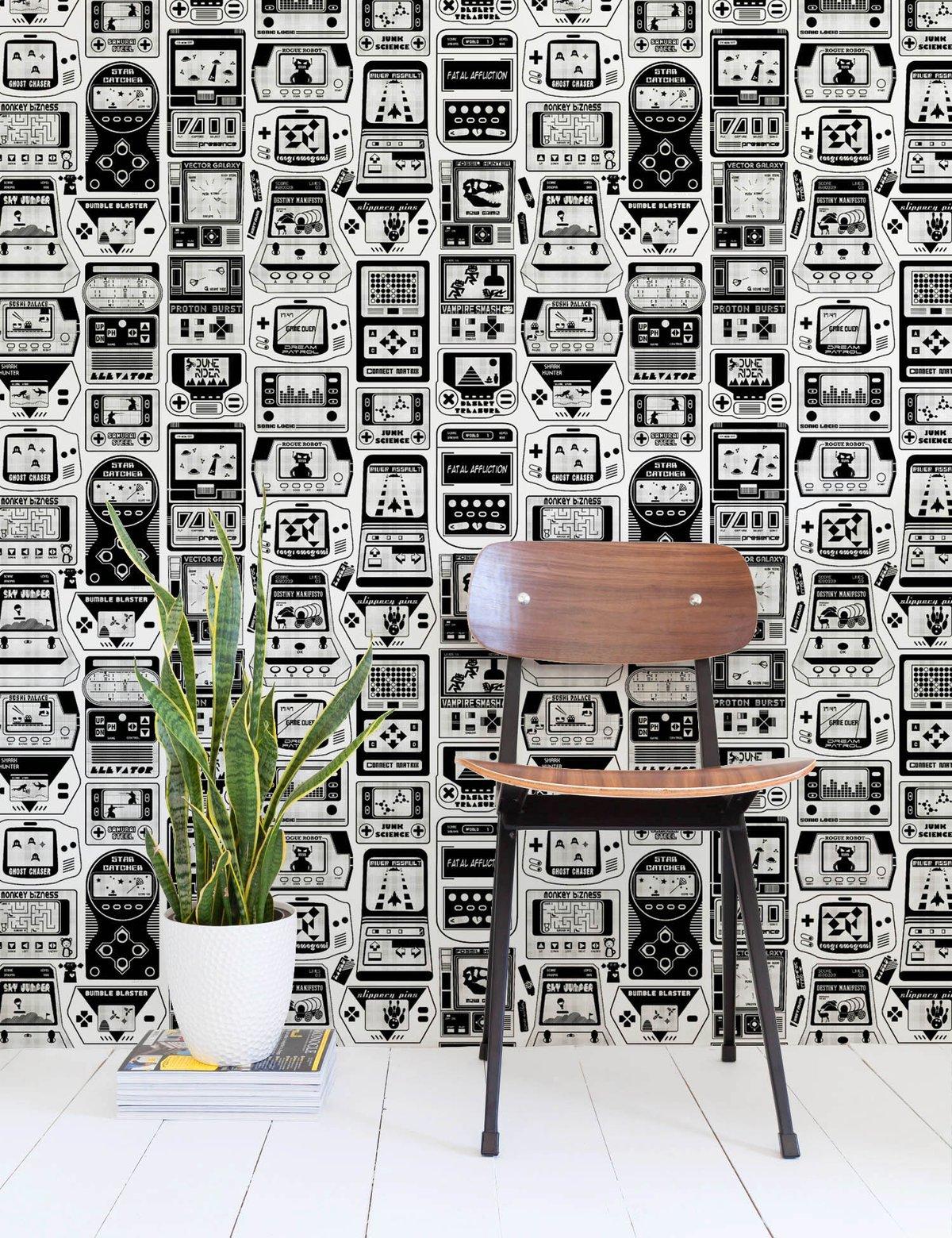 American Gameland Designer Wallpaper in Charcoal 'Black and White' For Sale