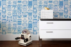 Gameland Screen Printed Wallpaper in Color Cielo 'Steel Blue on Cream'