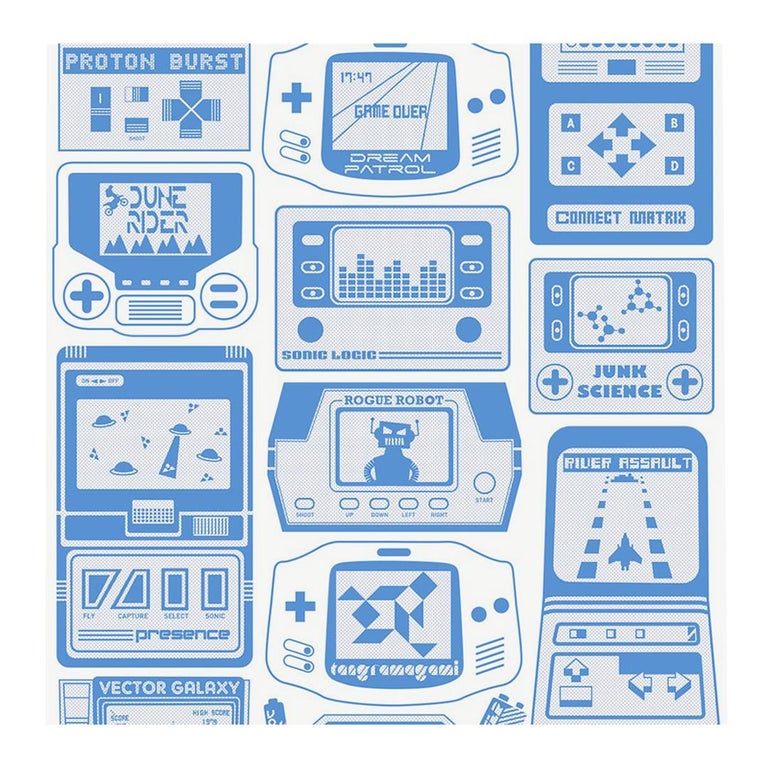 Gameland Designer Wallpaper in Cielo &lsquo;Steel Blue on Cream&rsquo; For Sale at