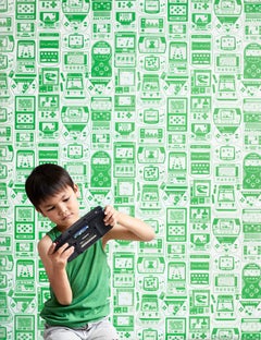 Gameland Designer Wallpaper in Lizard 'Kelly Green and Pale Grey'