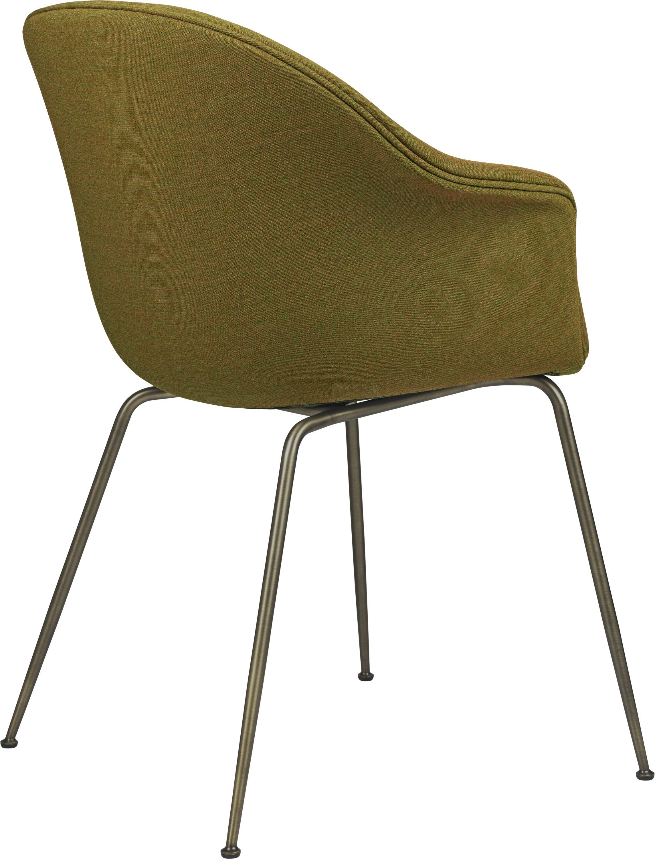 GamFratesi 'Bat' dining chair in green with antique brass conic base. Designed by Danish-Italian design-duo GamFratesi in 2018, the Bat dining chair is created with a Scandinavian approach to crafts, simplicity, and functionalism. Executed in metal
