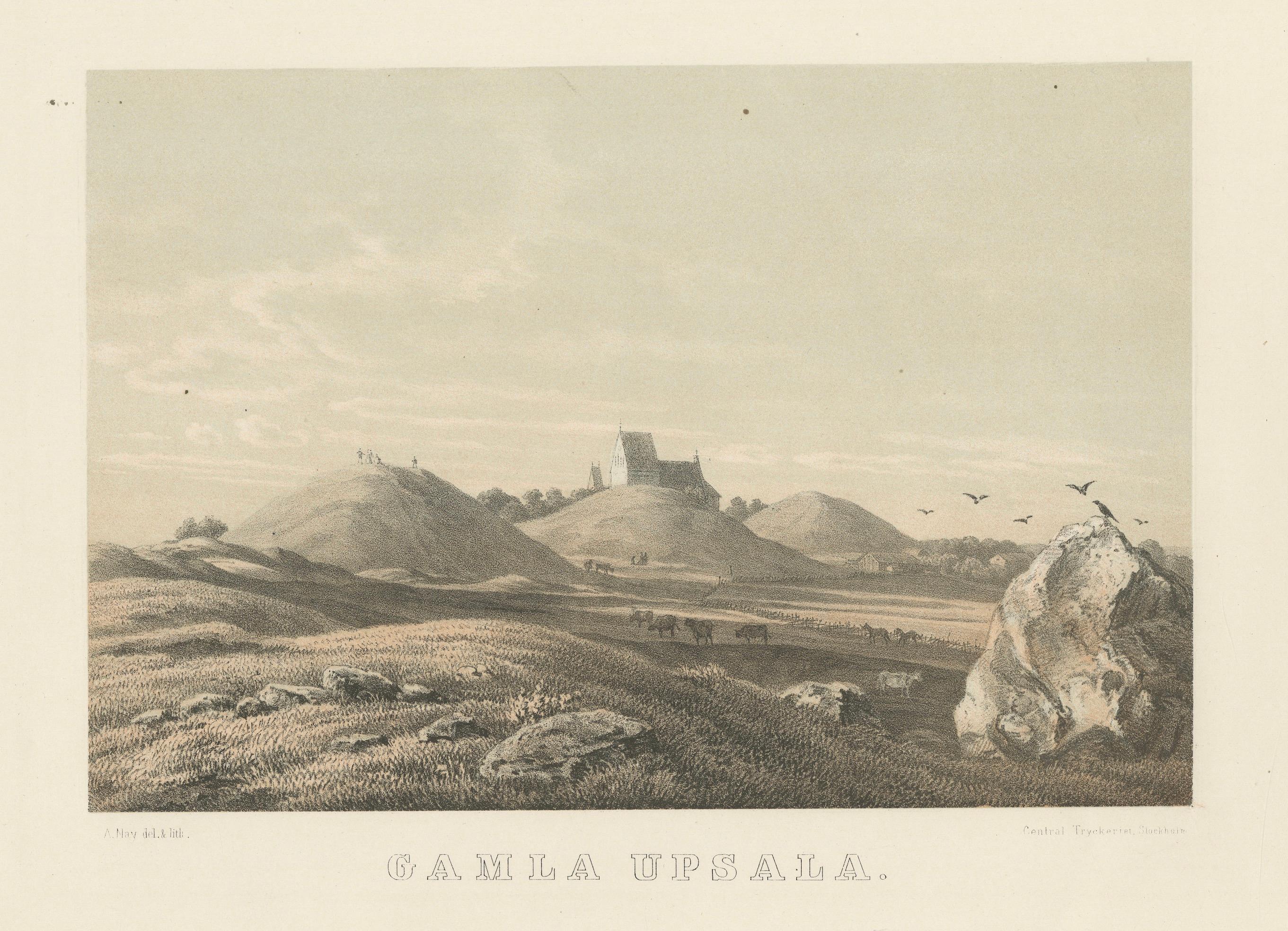 Gamla Uppsala Burial Mounds Landscape View, Swedish Tinted Lithograph, 1877
