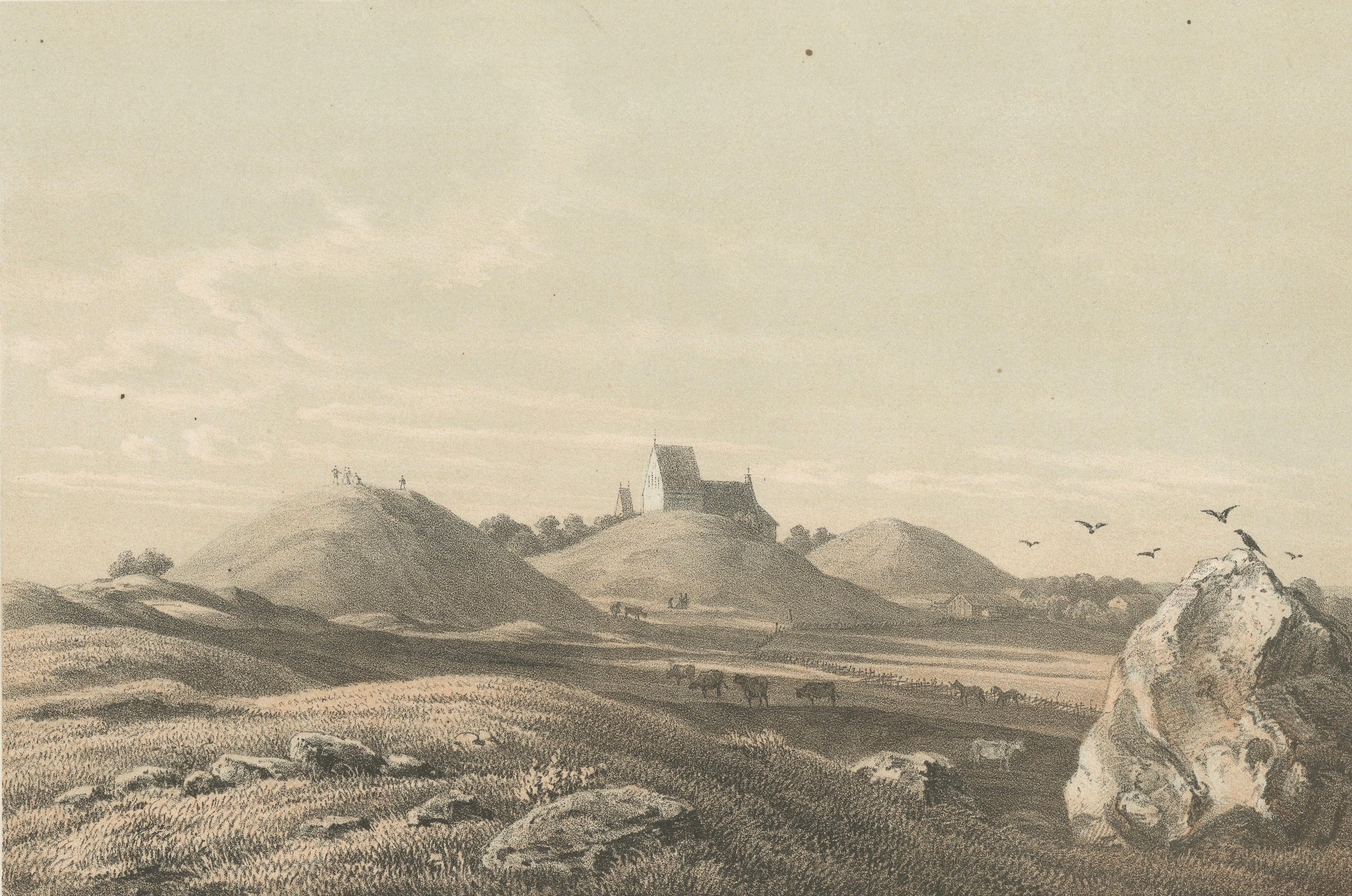 Gamla Uppsala Burial Mounds Landscape View, Swedish Tinted Lithograph, 1877