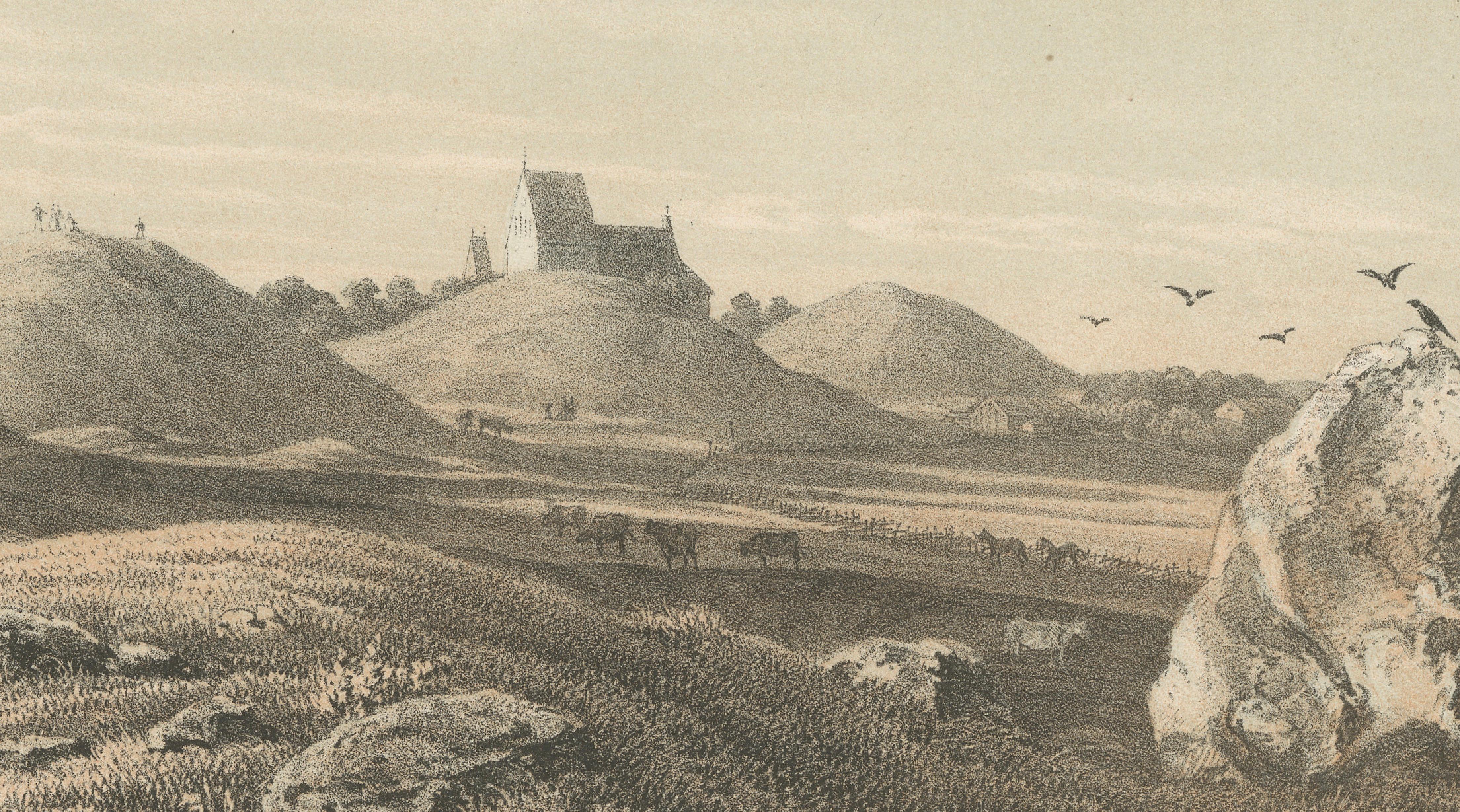 Gamla Uppsala Burial Mounds Landscape View, Swedish Tinted Lithograph, 1877
