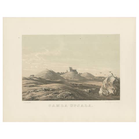 Gamla Uppsala Burial Mounds Landscape View, Swedish Tinted Lithograph, 1877