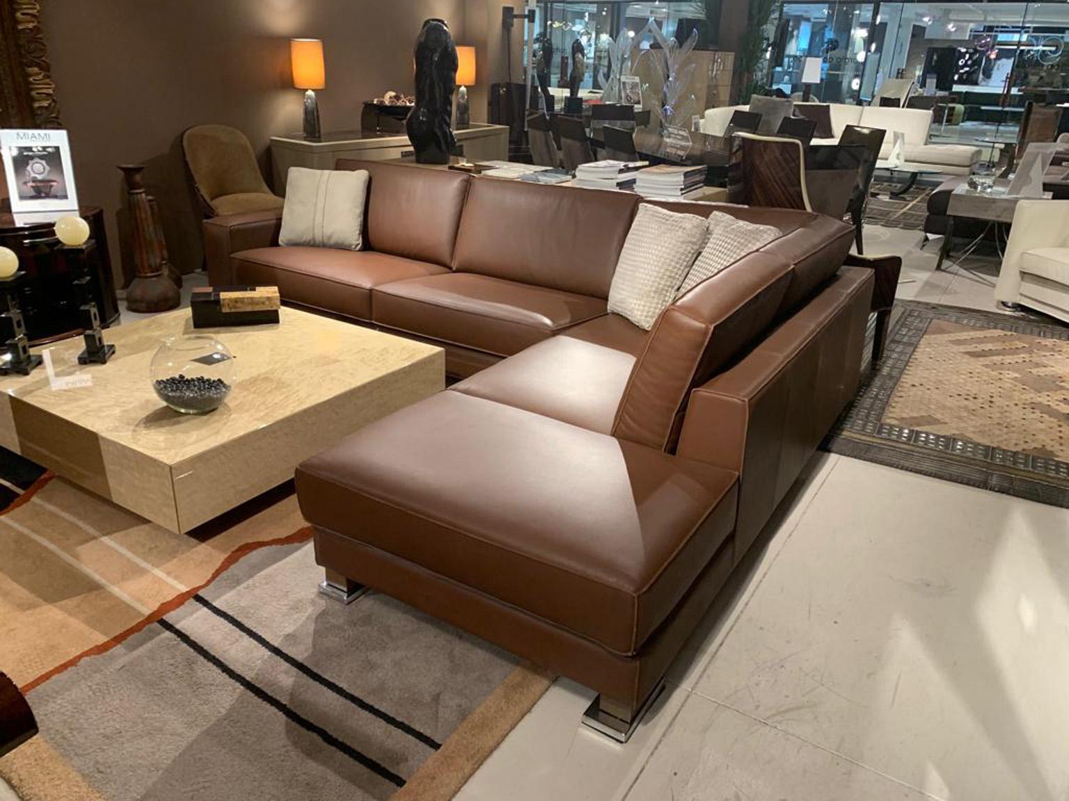 Gamma Arredamenti Italian Modern Bond Leather Sectional in Cognac Color In New Condition In New York, NY