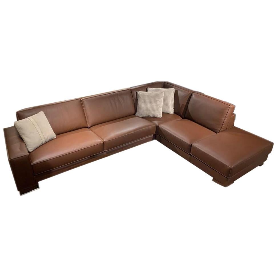 Gamma Arredamenti Italian Modern Bond Leather Sectional in Cognac Color