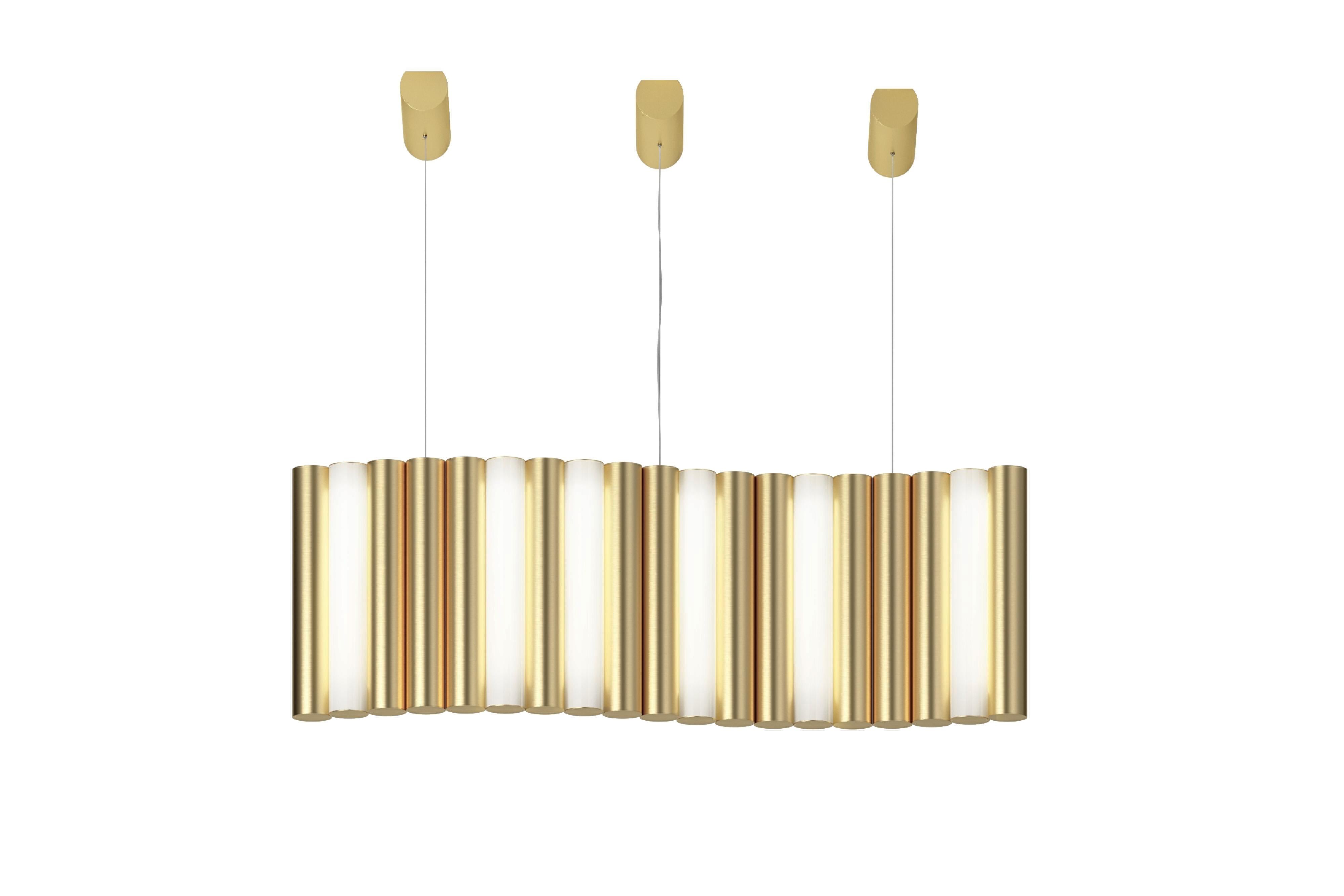 Gamma L19 brass pendant by Sylvain Willenz
Dimensions: D96 x W41.5 X H36.3 cm
Materials: solid brass, white polycarbonate diffuser, metal cable and transparent electric cable.
Others finishes and dimensions are available.

All our lamps can be