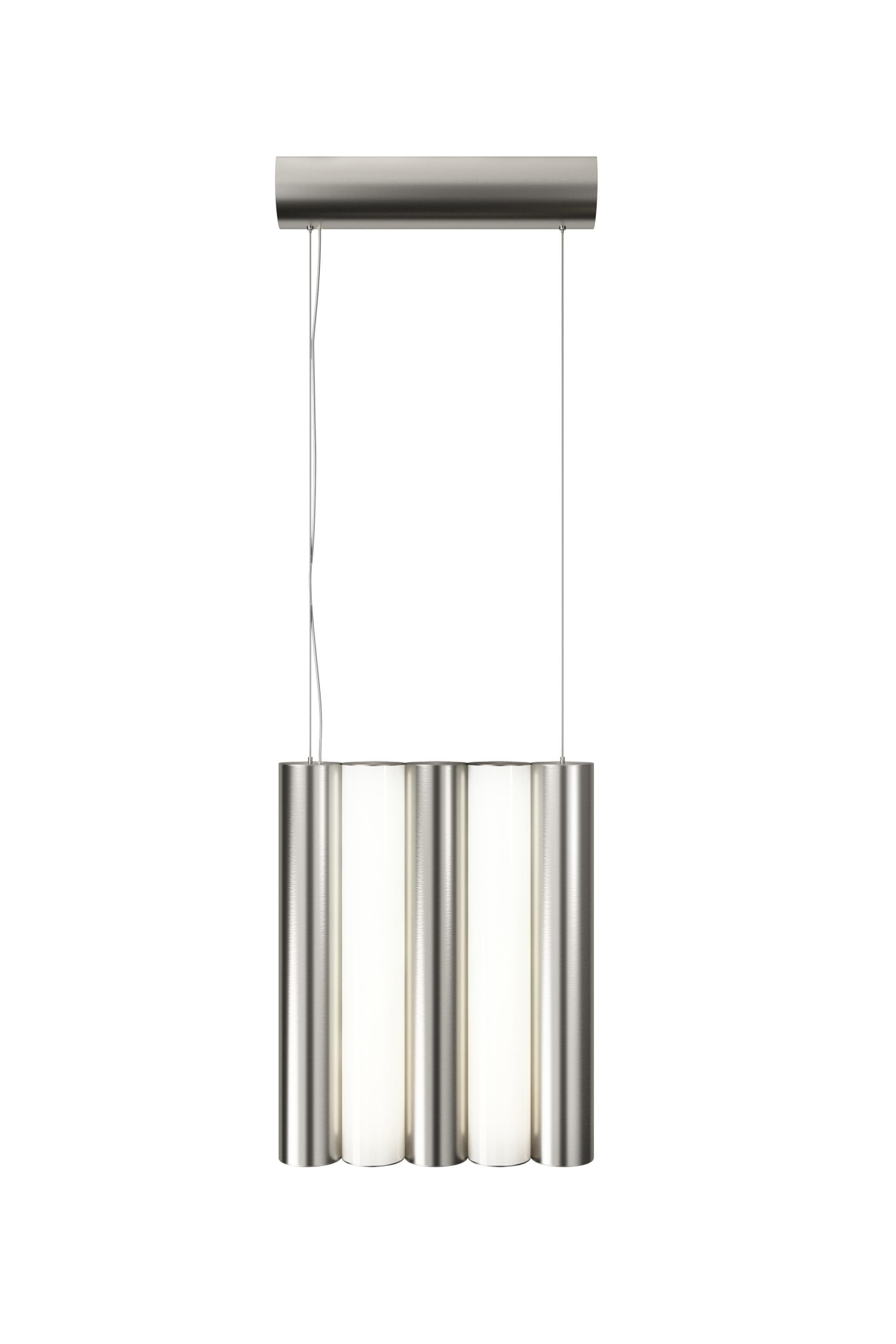 Gamma L5 Nickel pendant by Sylvain Willenz
Dimensions: D25 x W5 X H42.3 cm
Materials: Solid brass, White Polycarbonate diffuser. Metal cable and transparent electric cable.
Others finishes and dimensions are available.

All our lamps can be